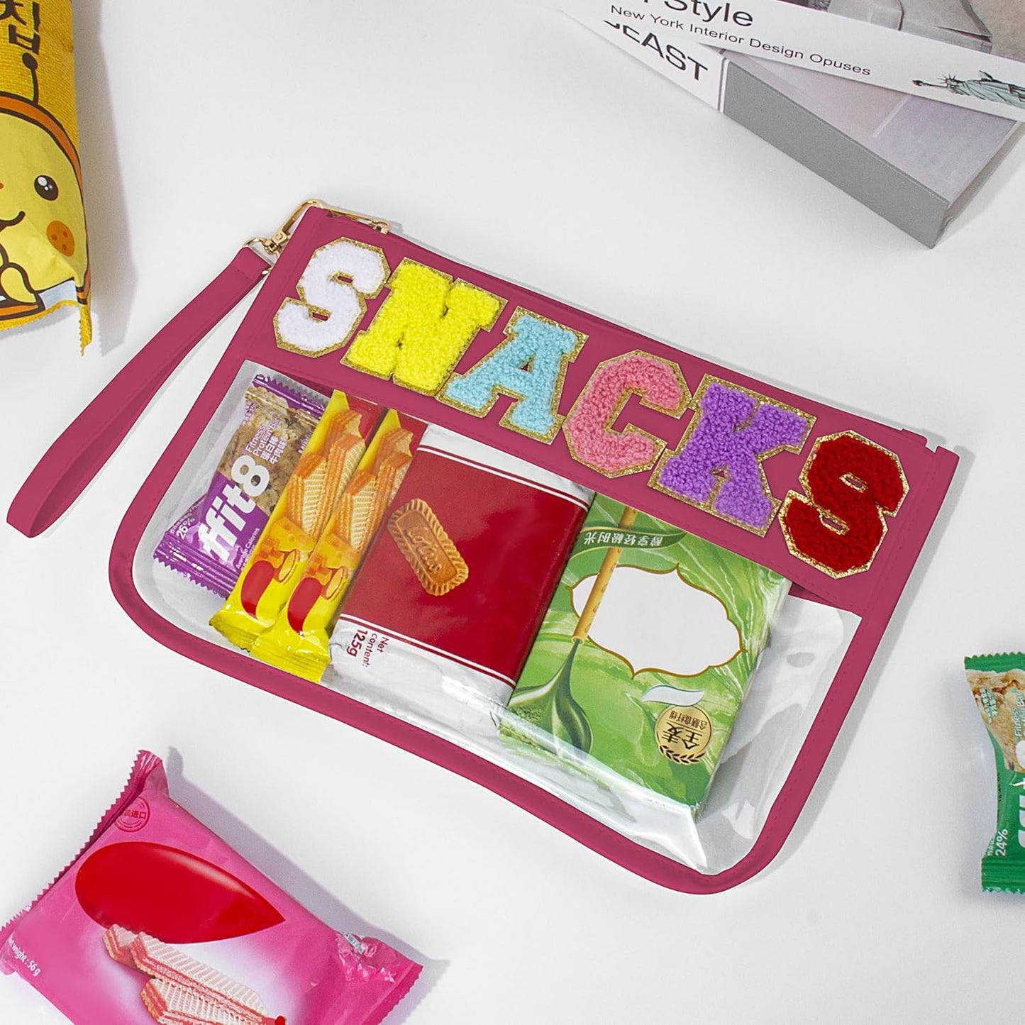 Snack Bag for Travel & Makeup - Clear Chenille Letter Zipper Pouch, Waterproof Cosmetic Tote Bag for Women & Girls (Red)