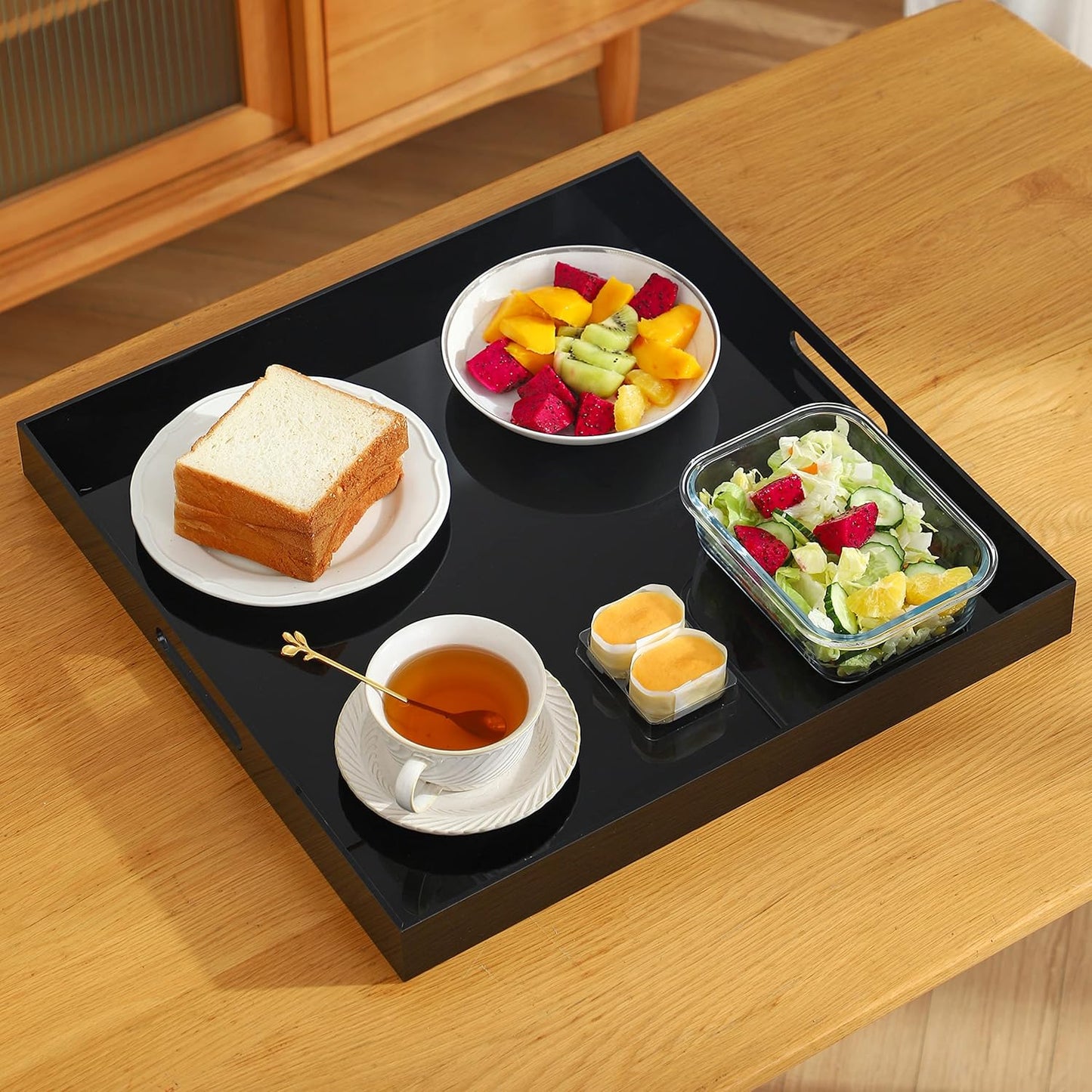 Black King Size Large Acrylic Serving Tray for bed-24x24 Inch -Spill Proof- Decorative Trays Countertop Organizer for Ottoman,Nightstand, Sidetable, Butler (24X24 Inch, Black)