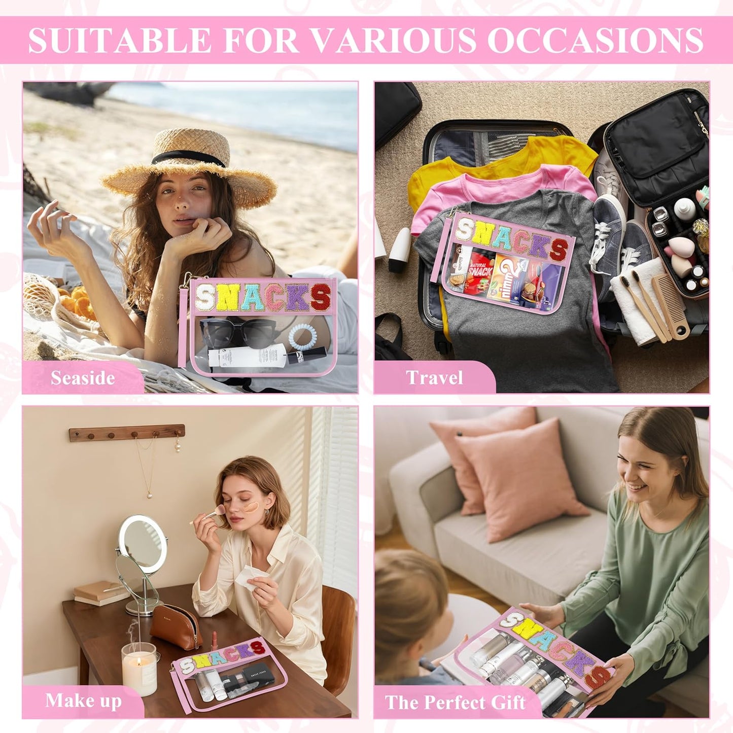 Snack Bag for Travel & Makeup - Clear Chenille Letter Zipper Pouch, Waterproof Cosmetic Tote Bag for Women & Girls (Pink)