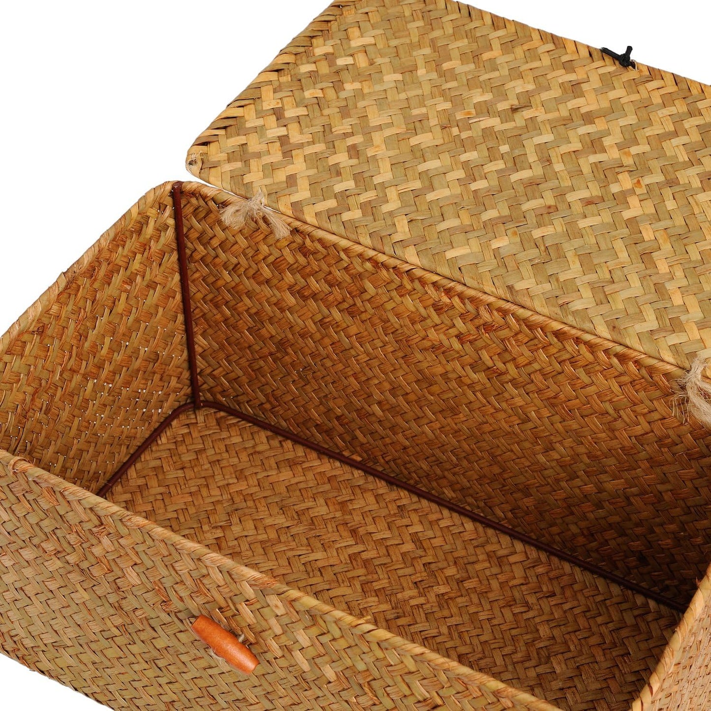 DOKOT Rectangular Handwoven Seagrass Storage Basket with Lid for Shelves and Home Organizer Bin, (M (12"x7"x6"H), Brown)