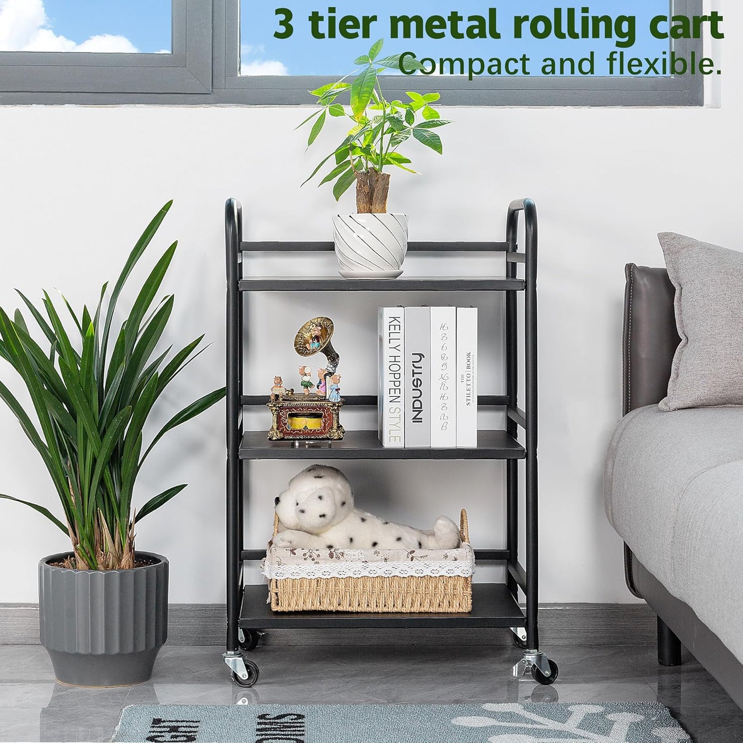 HDANI 3 Tier Rolling Cart Shelves,Heavy Duty Multifunctional Metal Frame-Supports 22 Lbs Per Tier,Rolling Cart with 2 Lockable Wheels for Home,Office,Kitchen,Bathroom,Bedroom,Black
