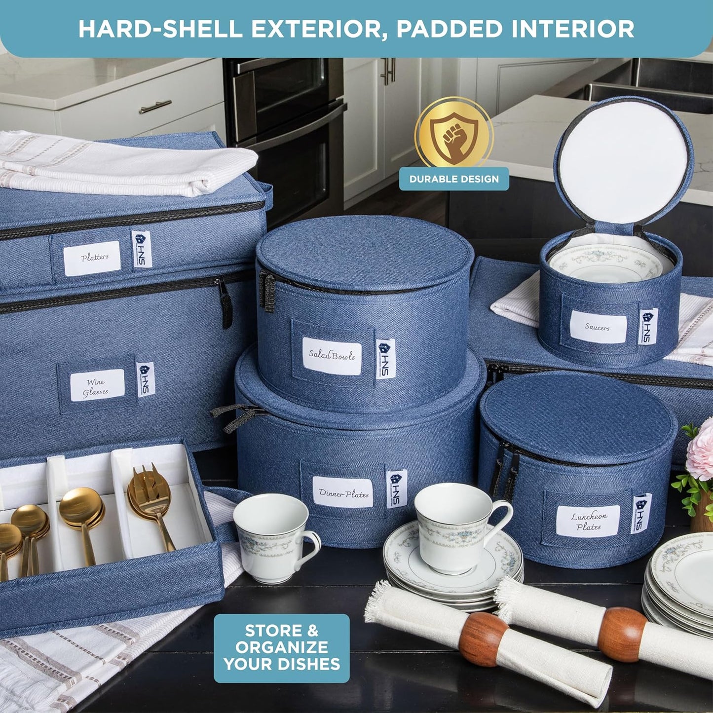Hard Shell China Storage Containers 12-Piece Set Moving Boxes for Dinnerware, Glasses, Plates, Mugs and Saucers Sturdy Dish Organizer with Dividers for Seasonal Storage - Service for 12 - Blue