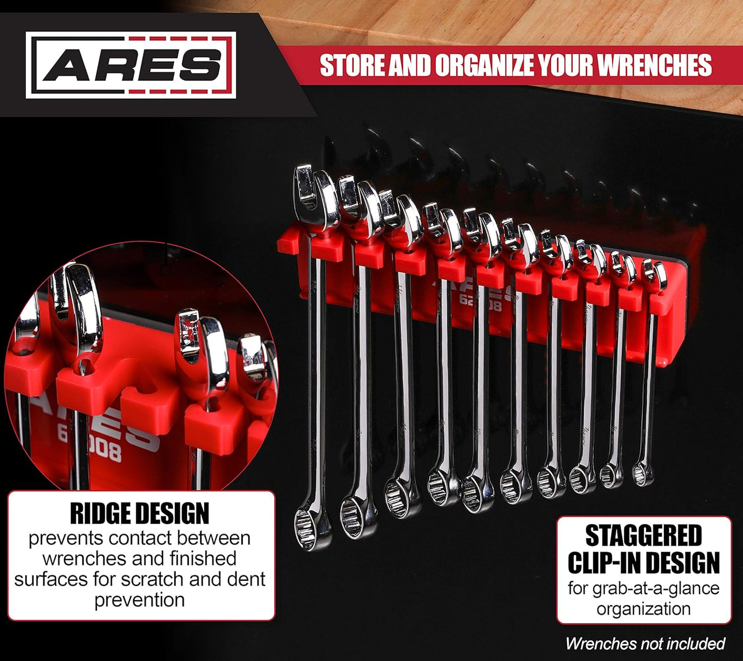 ARES 62008-10-Piece Red Magnetic Wrench Organizer - Sturdy Plastic Rack Stores up to 10 SAE and Metric Wrenches and Keeps Your Garage Organized
