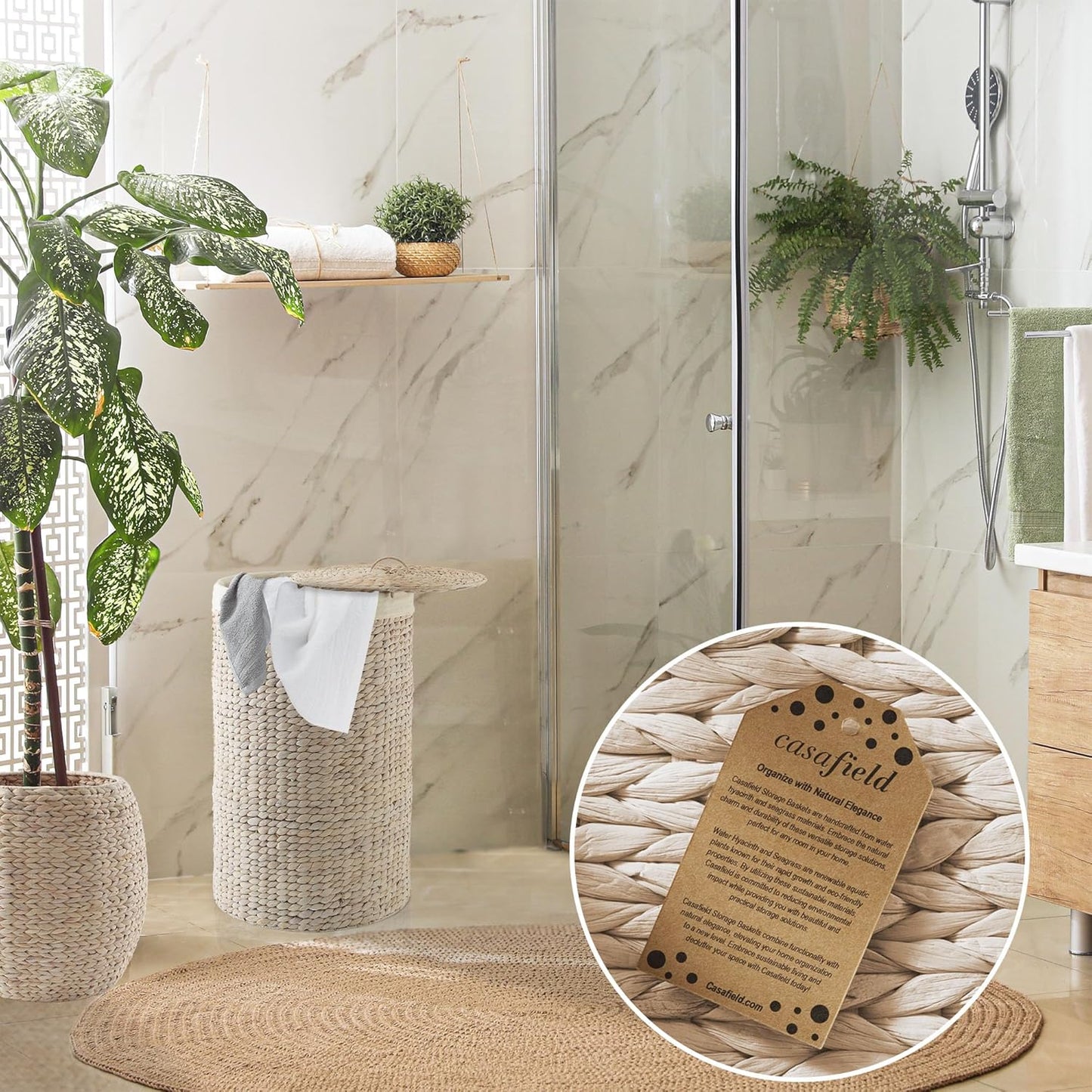 Casafield Round Laundry Hamper with Lid and Removable Liner Bag - Whitewash, Woven Water Hyacinth Wicker Laundry Basket for Clothes and Towels
