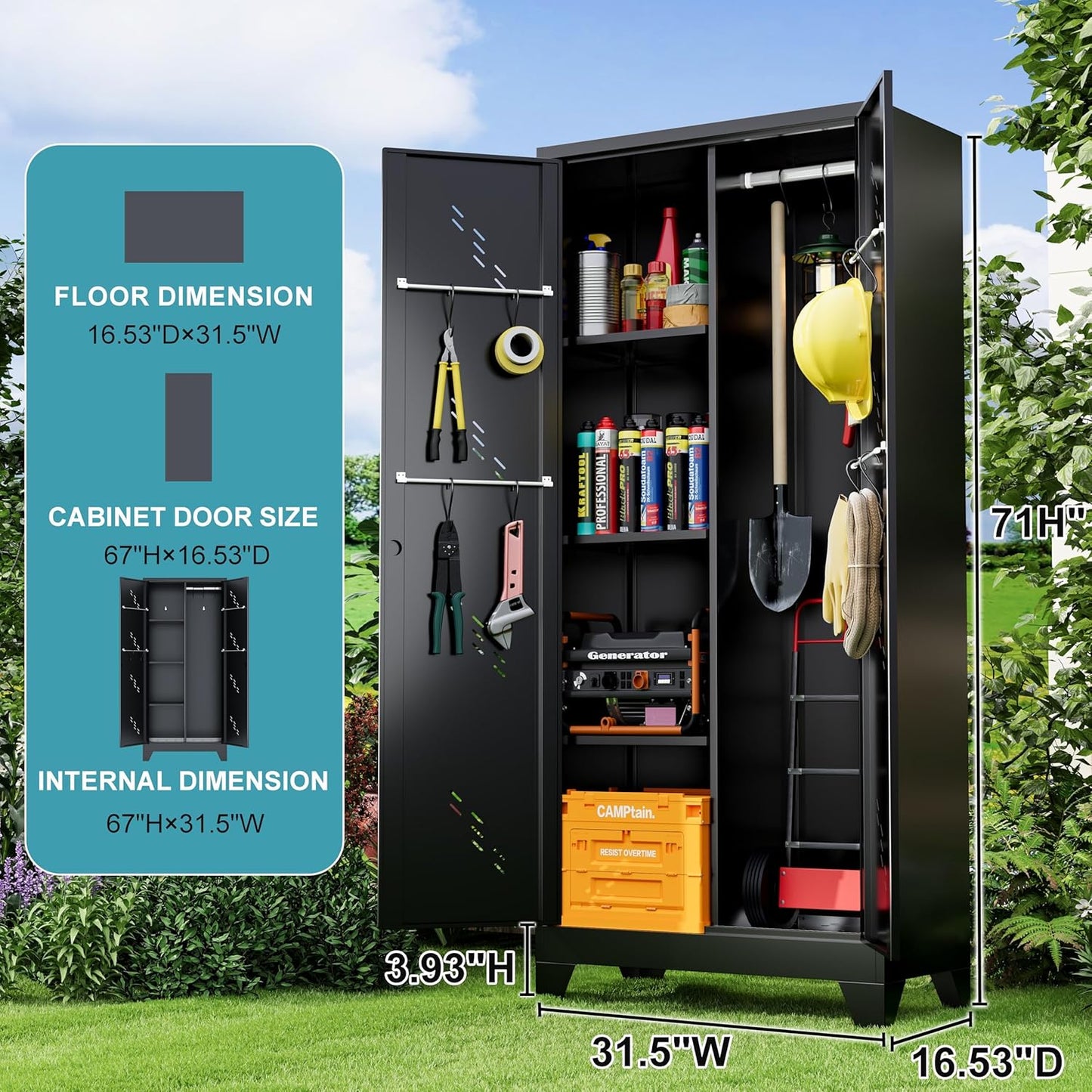Metal Storage Cabinet 71" H, Garege Storage with Stainless Steel Bottom, Black Cleaning Supplies Organization Cabinet with Lockable Doors and Hanging Rod for Outdoor, Home Office
