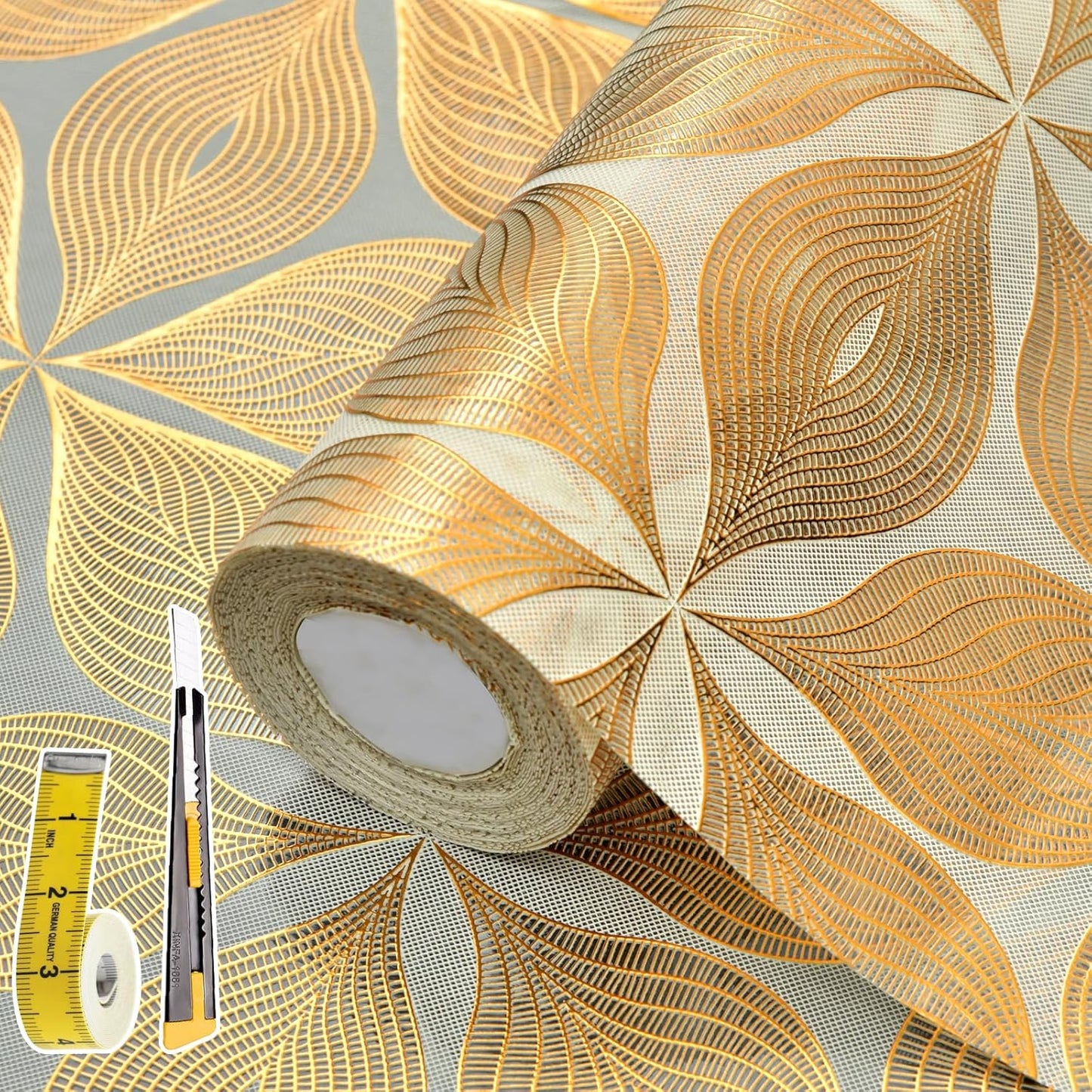 3D Drawer and Shelf Liner for Kitchen Cabinet: 17 in X 20 Ft Waterproof Shelf Paper Non Adhesive Refrigerator Liners Golden Leaf Easy Liners for Bathroom with Knife Tape Measure