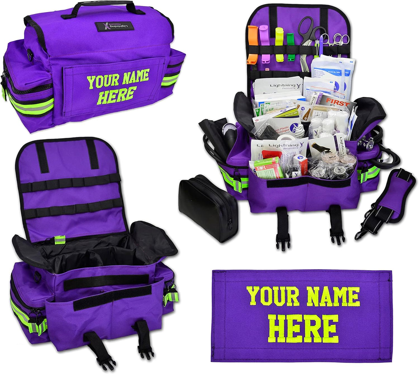 Lightning X Personalized First Responder EMT EMS Trauma Bag w/Stocked First Aid Fill Kit B & Custom Embroidered Name Patch (Purple)