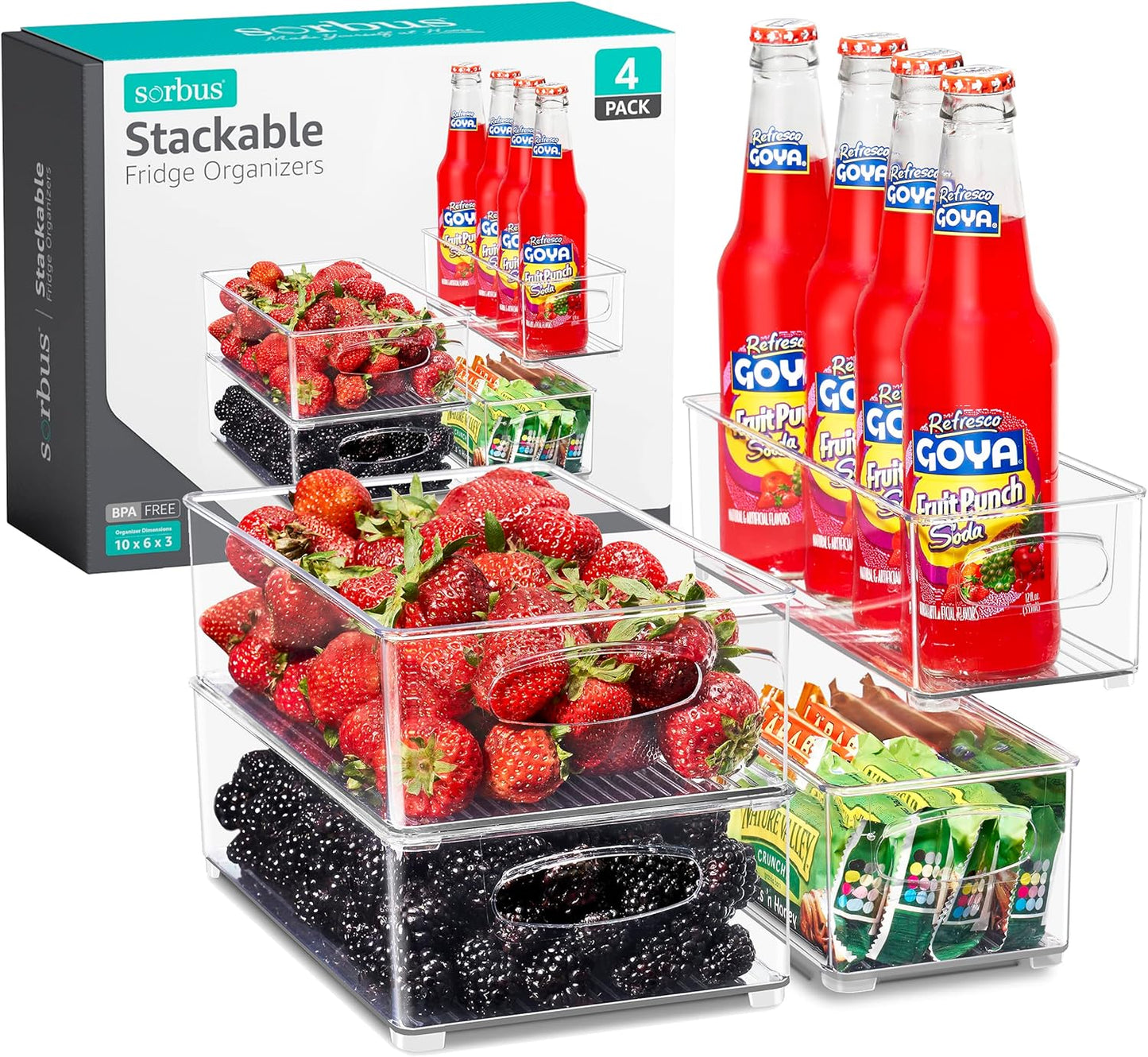 Sorbus Stackable Refrigerator Organizer Bins - Set of 4 Clear Storage Bins for Kitchen Pantry, Freezer & Fridge Organization - Food Organizing Plastic Containers with Handles for Countertops & Drawers