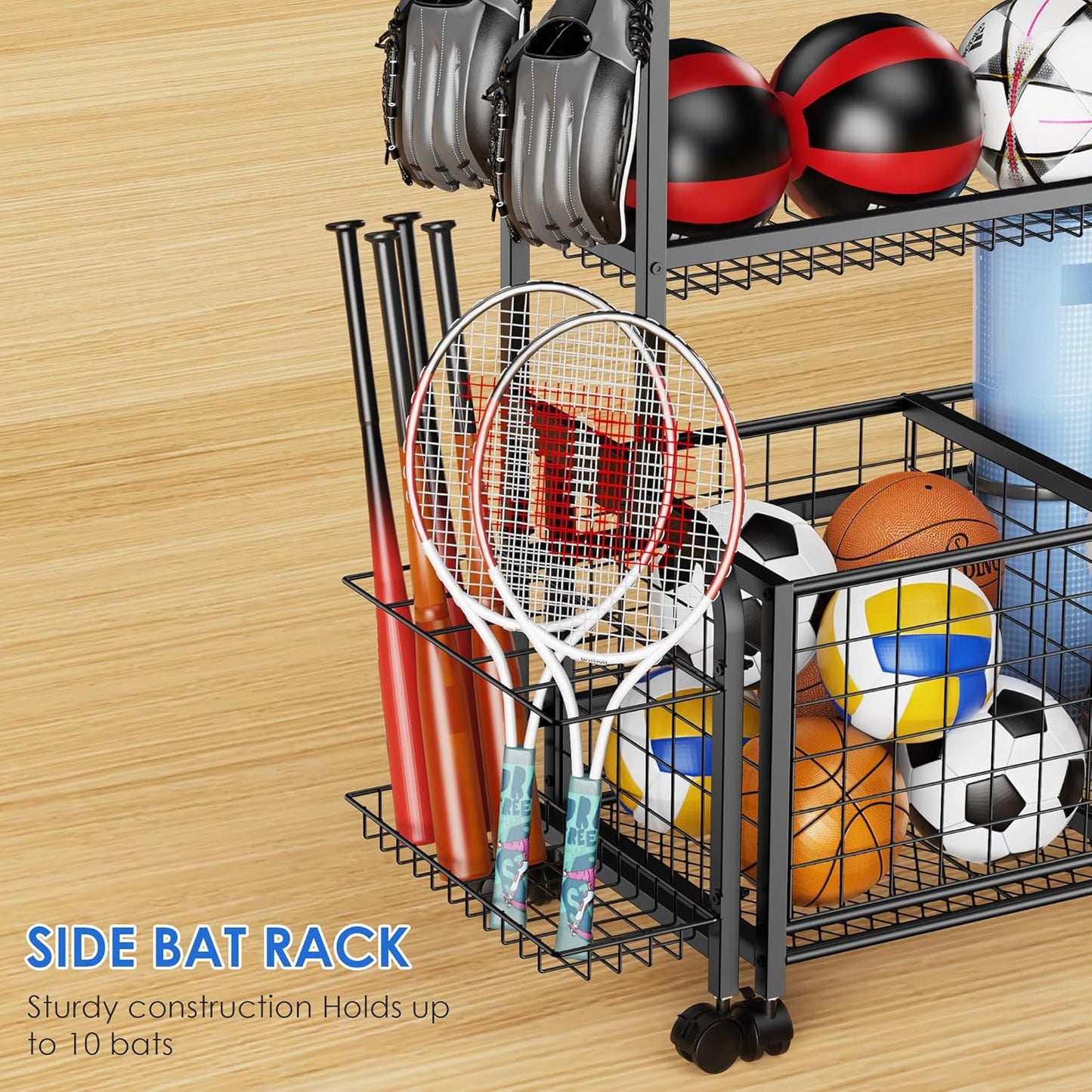 Garage Ball Storage, 2 in 1 Sports Equipment Organizer, Garage Organizer with Basket and Hooks, Individually Movable Rolling Sports Ball Organizer Cart, Black