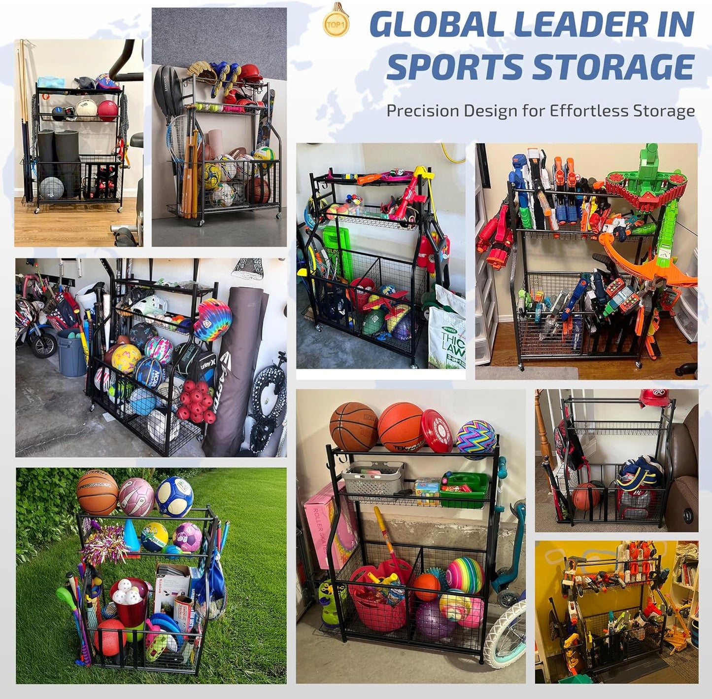 PLKOW Sports Equipment Organizer - Garage Storage Rack with Basket and Hooks, Ball Storage, Toy and Gear Organizer, Black