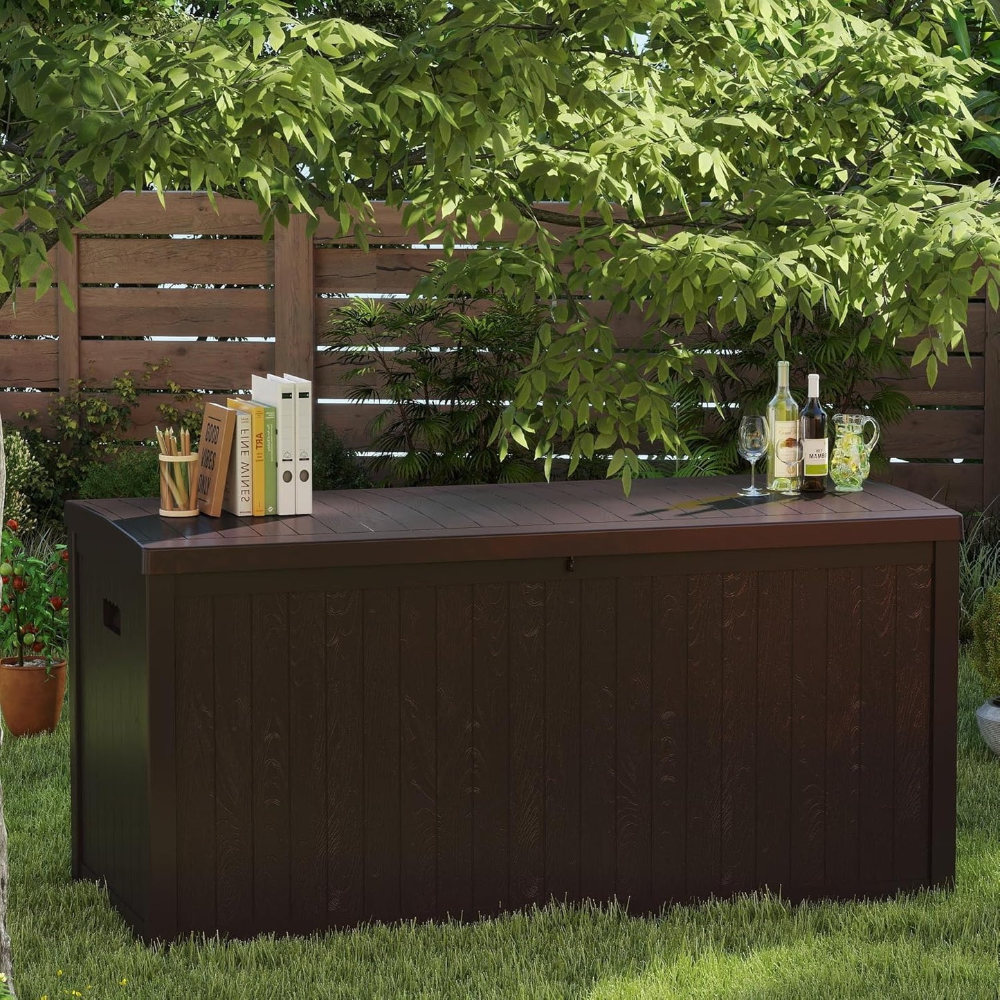 ZYJOYY Outdoor Storage Box, 120 Gallon Deck Box Indoor and Outdoor Use, Waterproof Resin Storage Bin for Patio Cushions, Gardening Tools, Lockable, UV Resistant, Brown