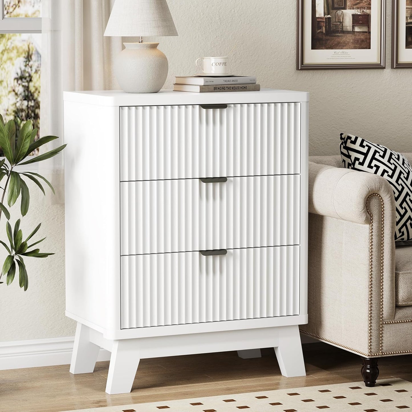 Fluted Nightstand with 3 Storage Drawers, 24" Wide Wood Bedside Table with Mental Handle, Mid Century Modern Wooden Side Table Night Stand, Curved End Table for Bedroom, Living Room, White