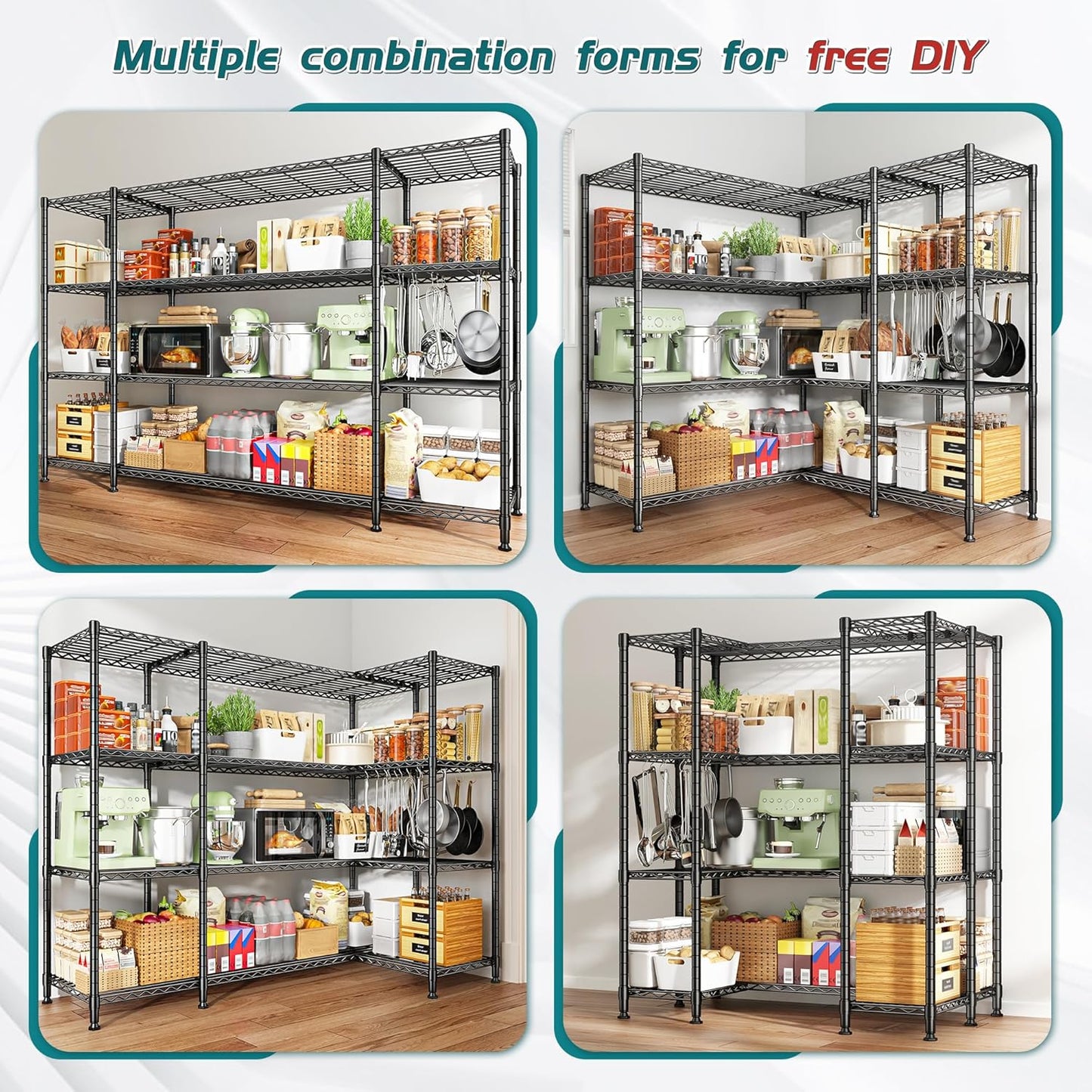 REIBII 78.4''W Storage Shelves, 4 Tier Wire Shelving Unit Loads 1500LBS with Adjustable 2PCS Heavy Duty Metal Shelving for Pantry, Kitchen,Garage Shelves.78.4''Wx11.8''Dx59''H,Black