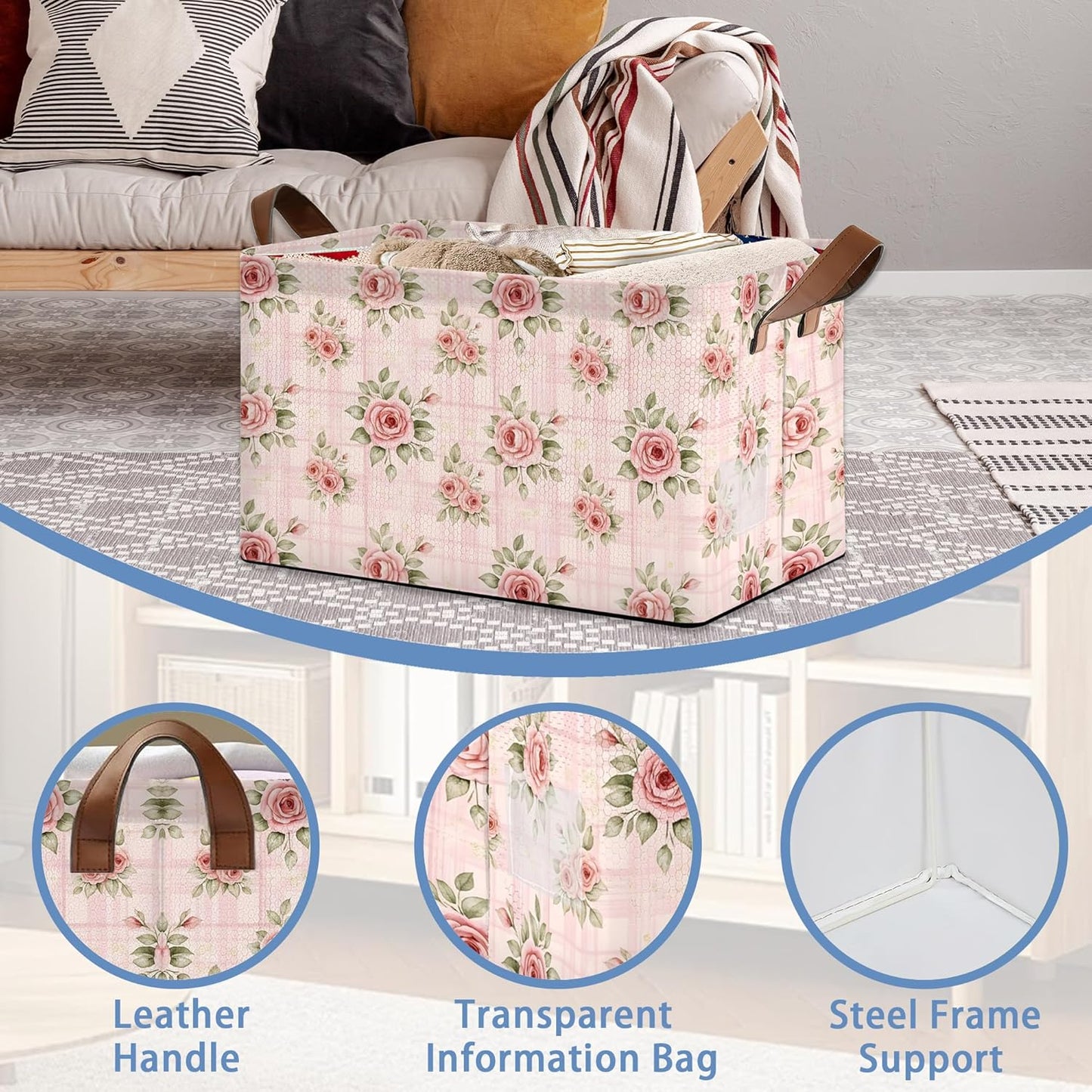 Vintage Pink Rose Storage Baskets,Foldable Large Capacity Organizer Bins with Waterproof Lining and Leather Handles for Closet,Shelf,Bedroom 17x11.5x10Inch