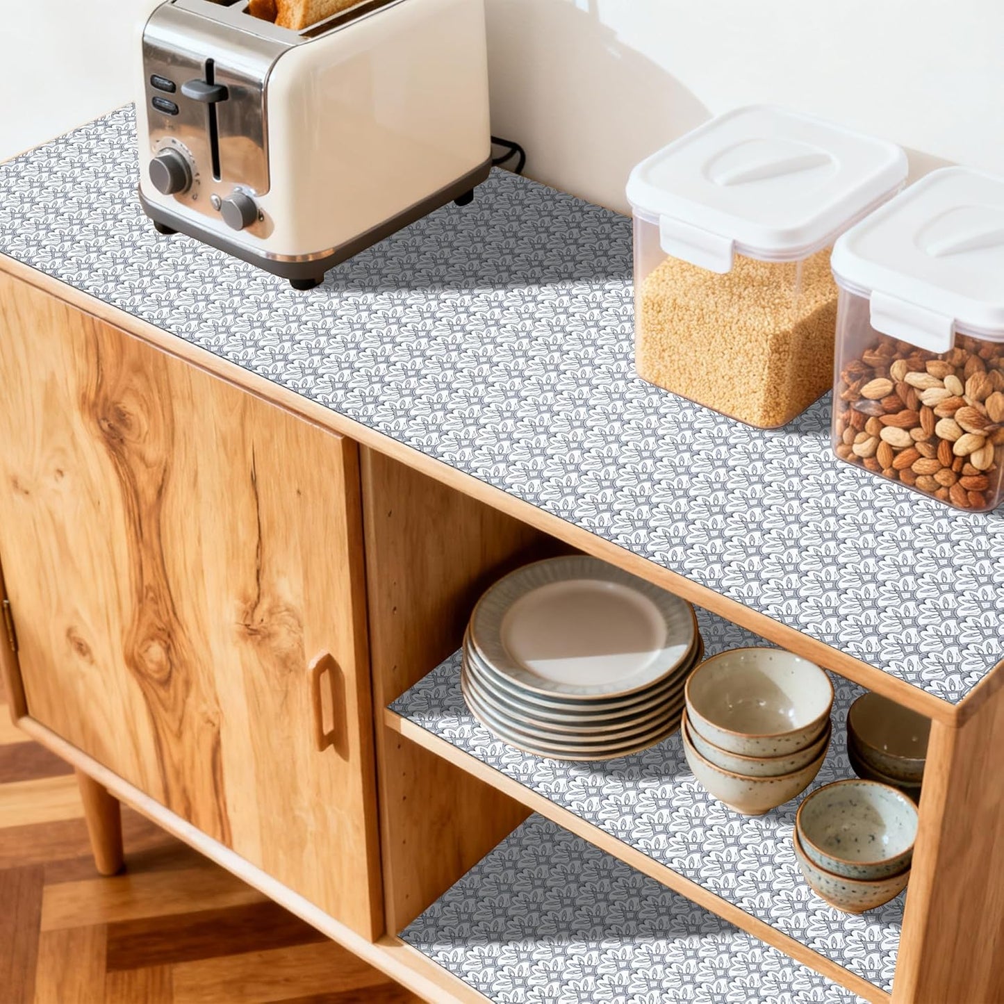 FIFTY FEET 18"x96" Non-Adhesive Shelf Liner for Kitchen Cabinets and Drawers, Washable Non-Slip PVC Cabinet Liner (Black Floral)(1 Roll)