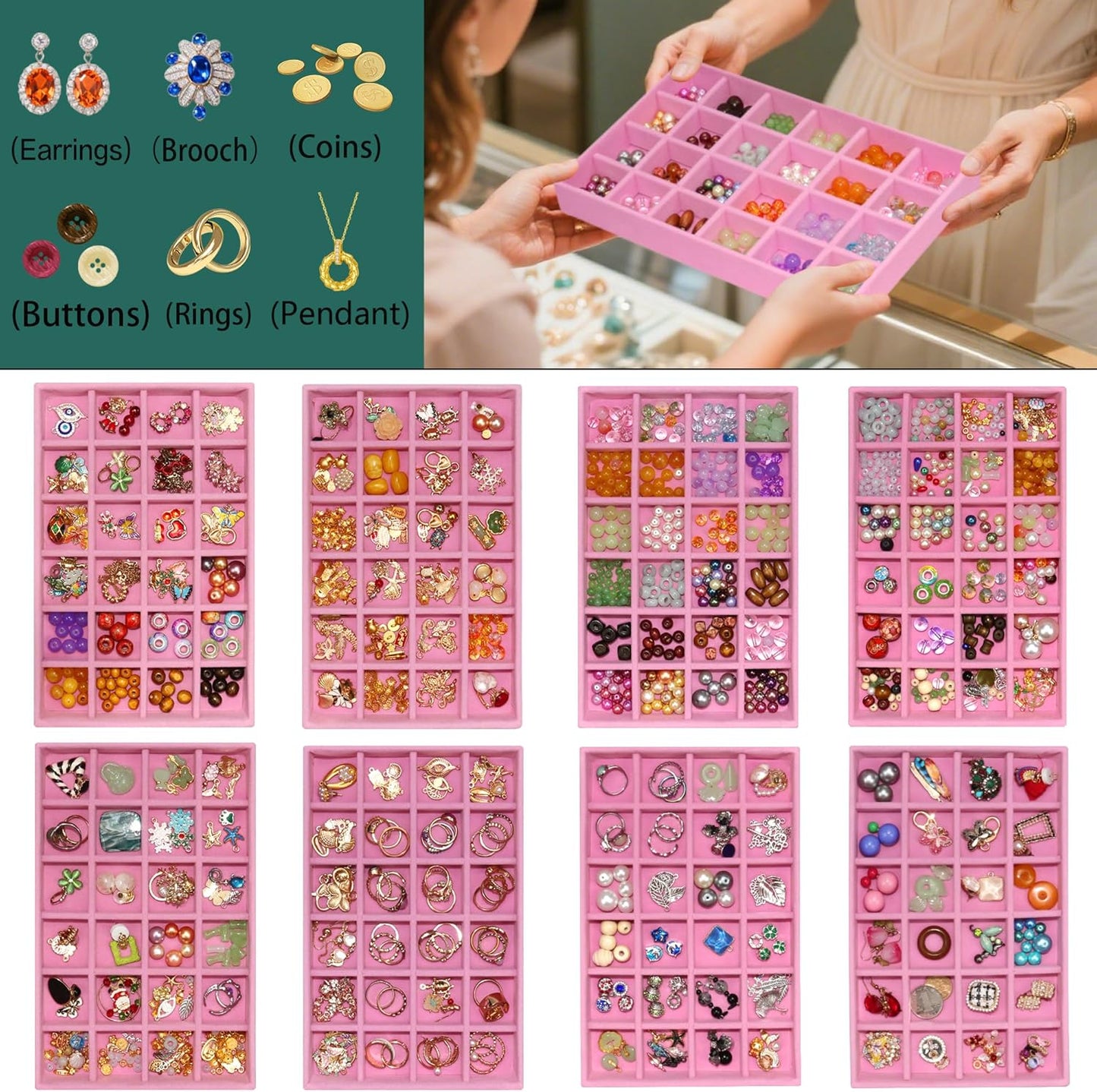 24-Grid Stackable Jewelry Organizer Tray Velvet Jewelry Storage Holder for Drawer Inserts Jewellery Display Box Case for Women Earring Rings Stud Necklaces (Set of 8, Pink