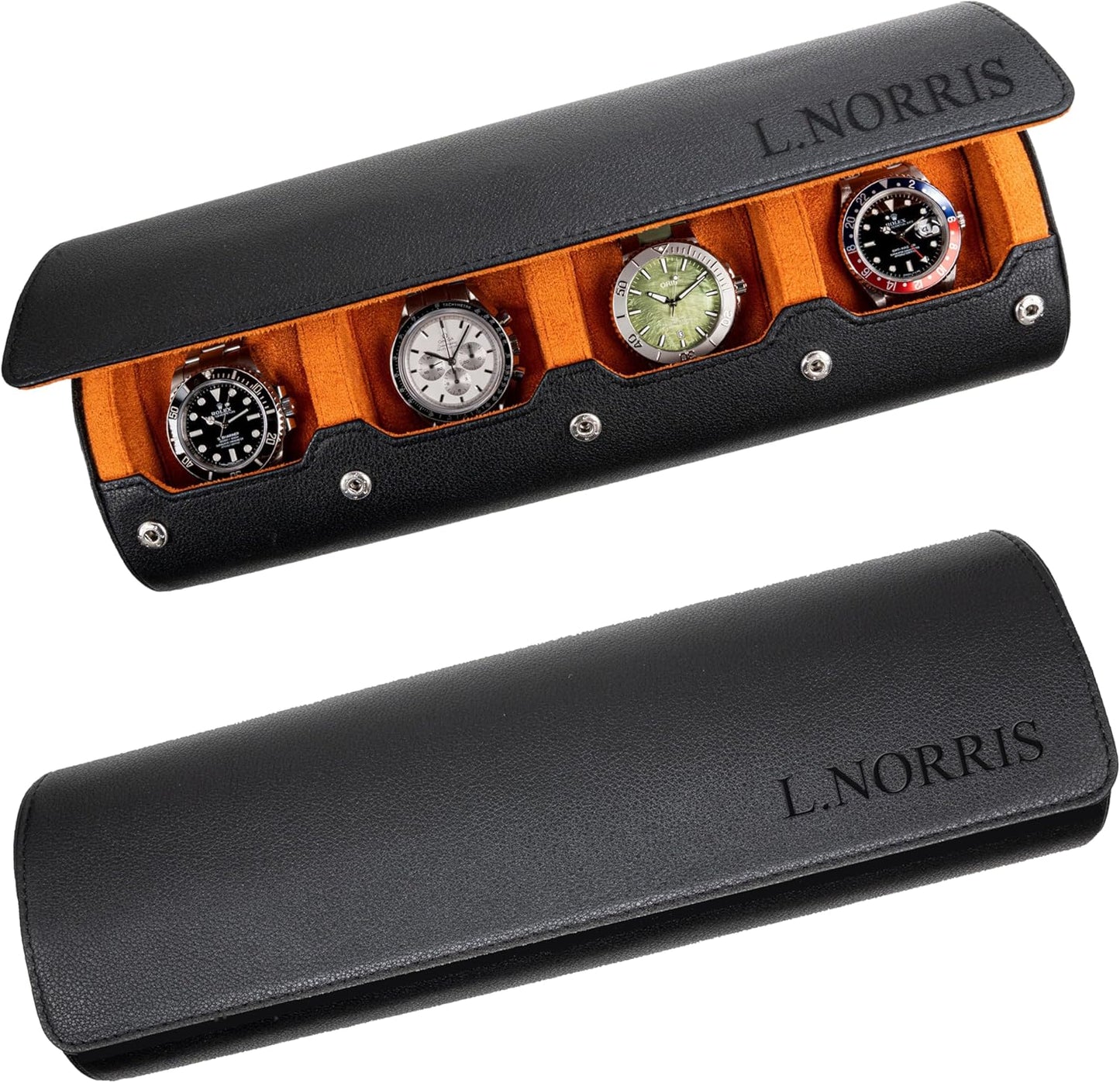 DailyWatch | Personalized Watch Roll Travel Case For 4 Watches - Handmade Genuine Leather Travel Case With Custom Engraving of Name or Initials - Black Orange