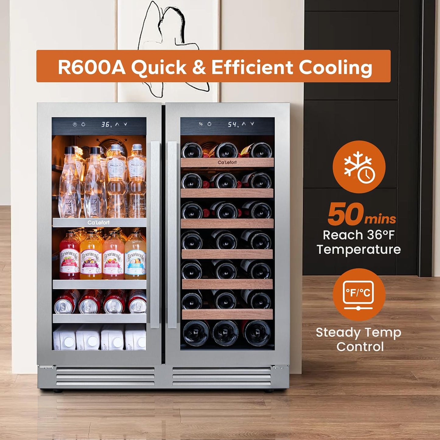 Ca'Lefort 30 Inch Wine and Beverage Refrigerator, 80 Can and 33 Bottle Wine Fridge Dual Zone 36-72°F, 3 LED Beverage Fridge Built in or Freestanding, Perfect for Home/Kitchen(6.00 cu.ft)
