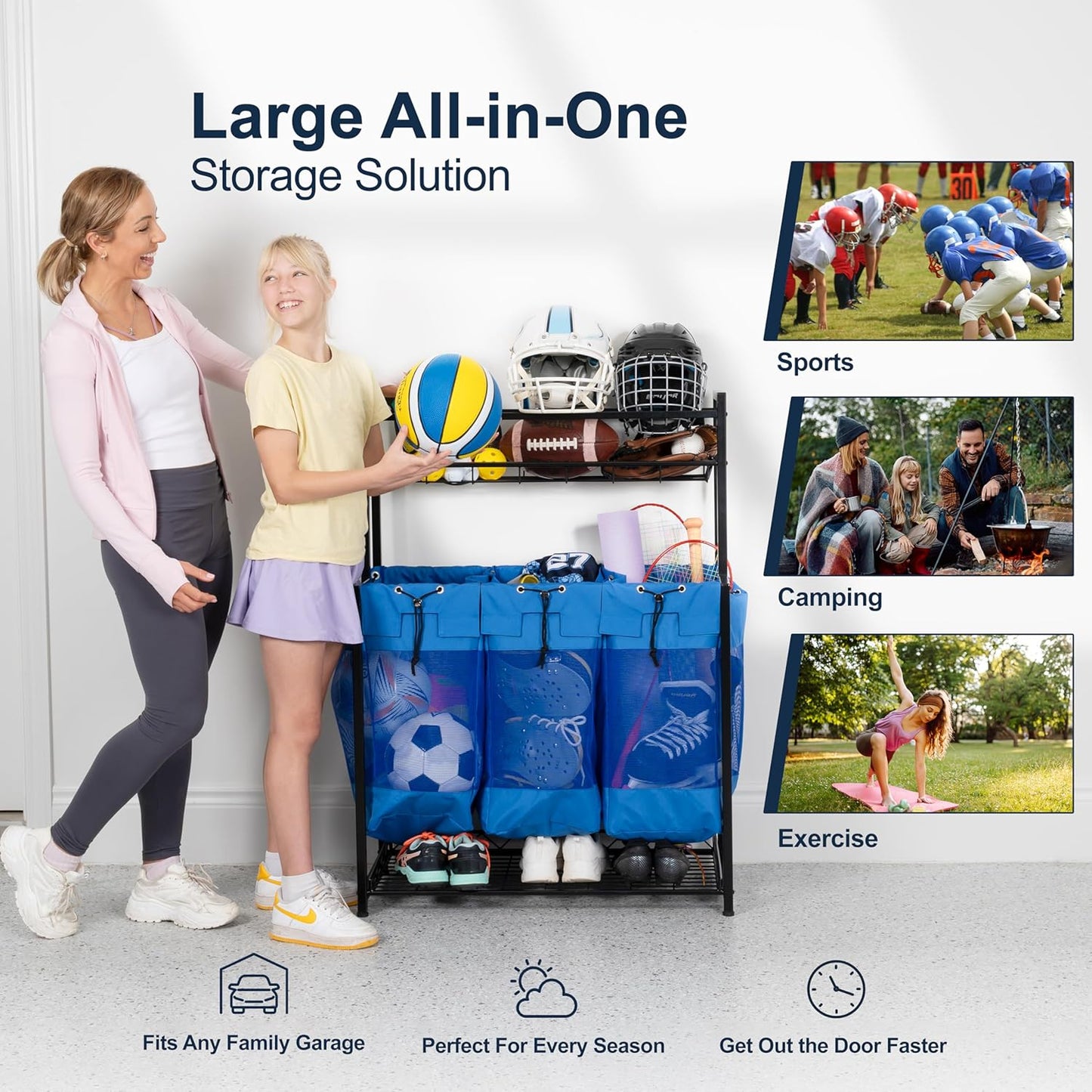 KASSELL Garage Sports Organizer Storage rack for sports equipment Ball, Heavy Duty Toy and Gear Storage Organizer with Grab and go bags (Blue)