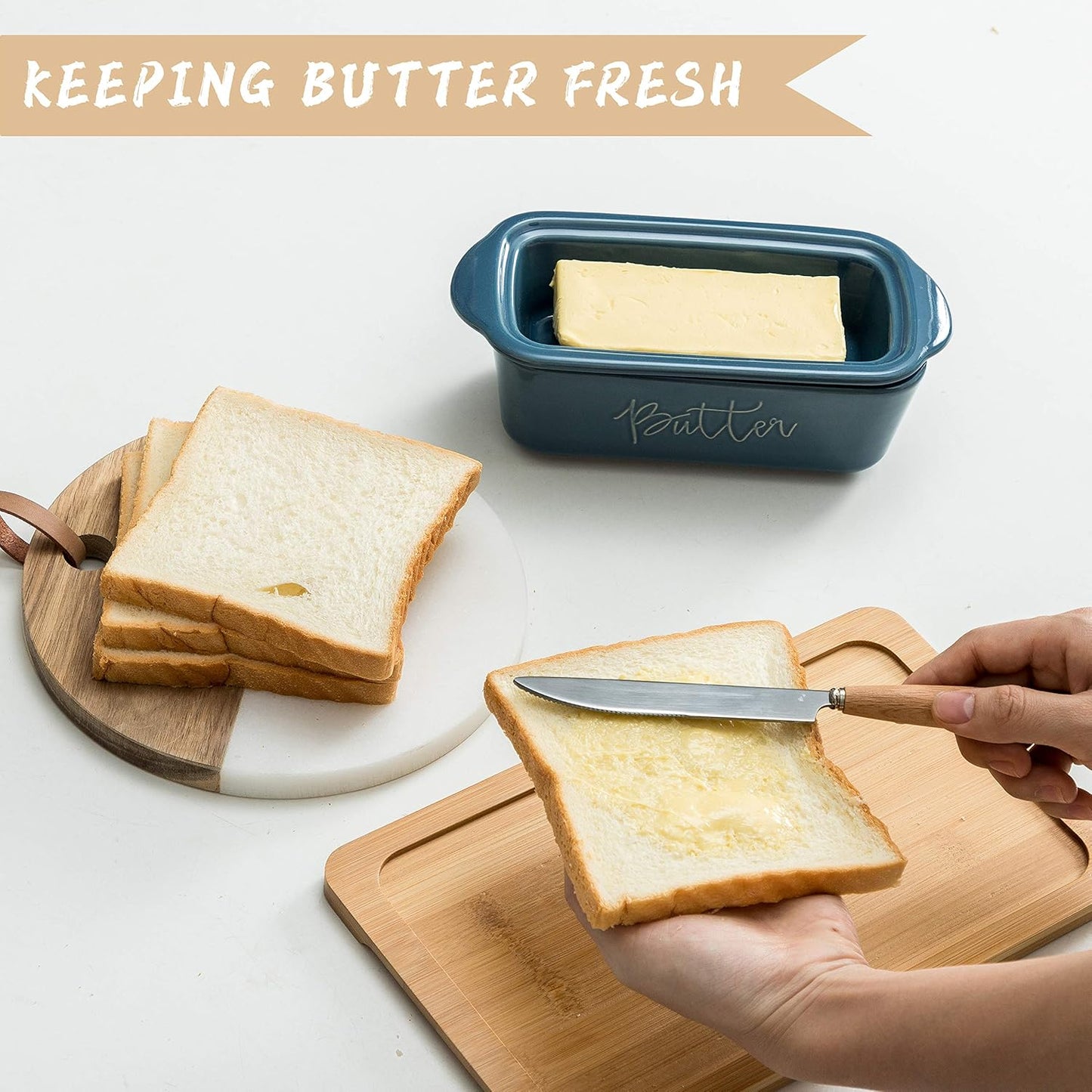 FE Butter Dish, 10 oz Ceramic Butter Keeper with Water Line, French Butter Dish with Lid for Countertop (Blue)