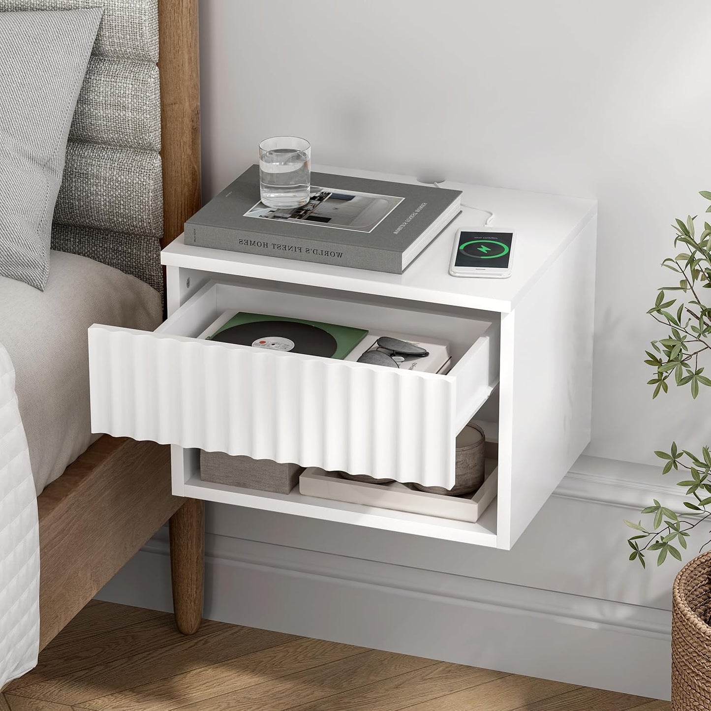 Floating Nightstand with Drawer and Open Shelf, Small Wall Mounted Bedside End Table, Modern Fluted Night Stand for Bedroom, Living Room, White