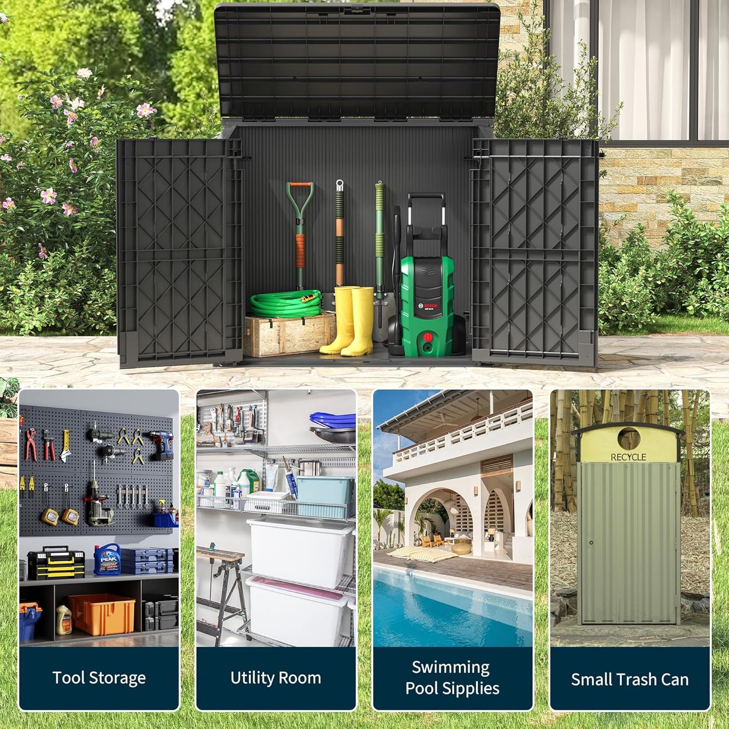 Horizontal Storage Shed, Outdoor Resin Storage Shed 36 Cu. Ft. Garden Extra Large Capacity Weather Resistant Storage Box, Lockabl Waterproof Shed for Garden Tools, Solid Black