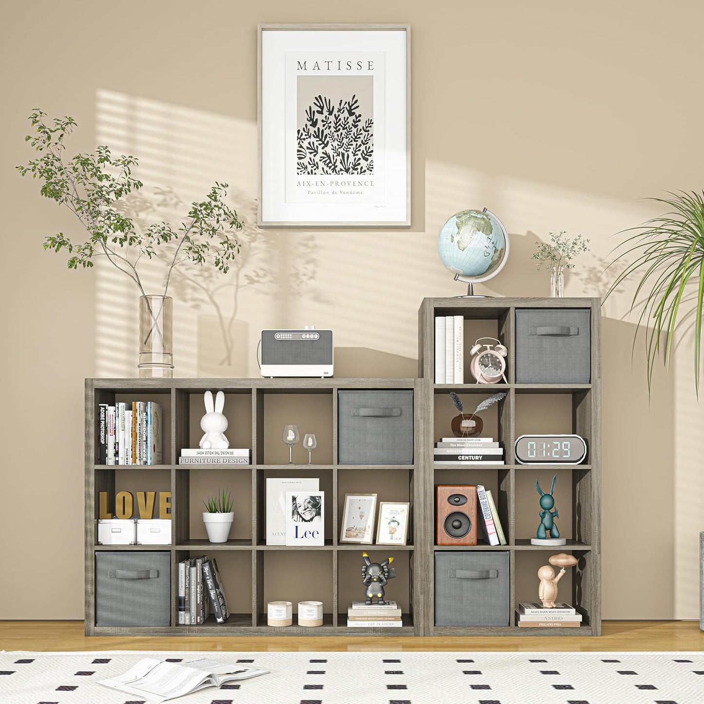 furtble Bookshelf with Storage Bins, 12-Cube Storage Organizer, Modern Wood Open Bookcase, Multifunctional Display Shelf for Living Room, Bedroom, Home Office, Gray Oak