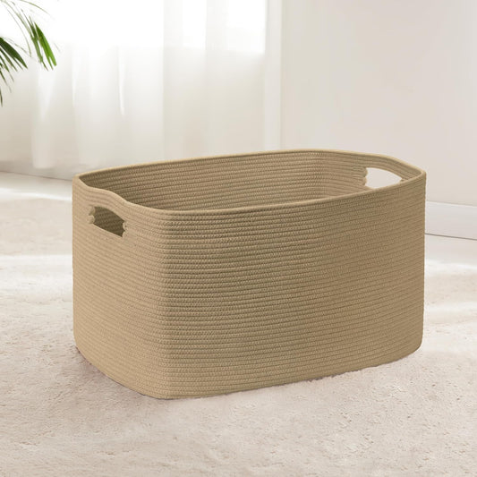 60L Small Wicker Laundry Basket for Living Room Storage,Boho Woven Cotton Rope Baskets for Kids Toy,Gifts,Square Blanket Hamper for Bedroom Dirty Clothes,Jute