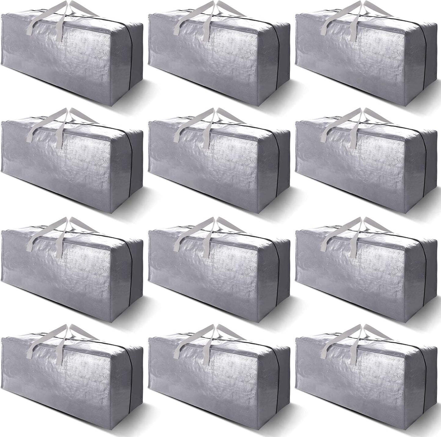 12 Pack Heavy Duty Extra Large Moving Bags W/Backpack Straps - Strong Handles & Zippers, Storage Totes For Space Saving, Fold Flat, Alternative to Moving Box and Storage Bin, Silver