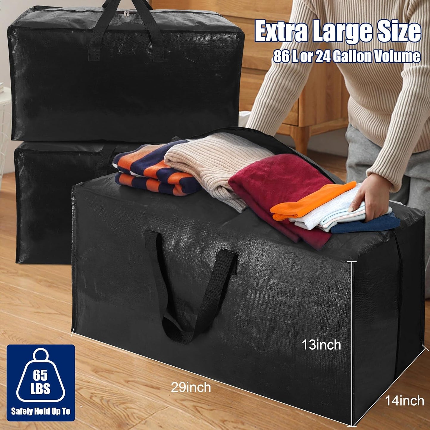 Cosy Family 12 Pack Heavy Duty Moving Bags with Backpack Straps - Strong Handles & Zippers, Storage Totes For Space Saving, Fold Flat, Alternative to Moving Box (X-Large-Set of 12, Black)