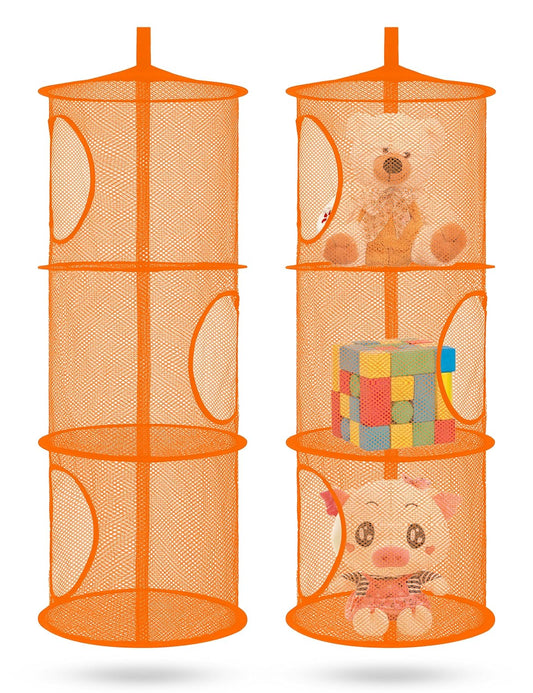 Libeder Mesh Hanging Storage Space Saver Bags Organizer,Foldable Storage Organizer 3 Compartments Toy Storage Basket for Kids Room Bathroom 2 Sets Orange