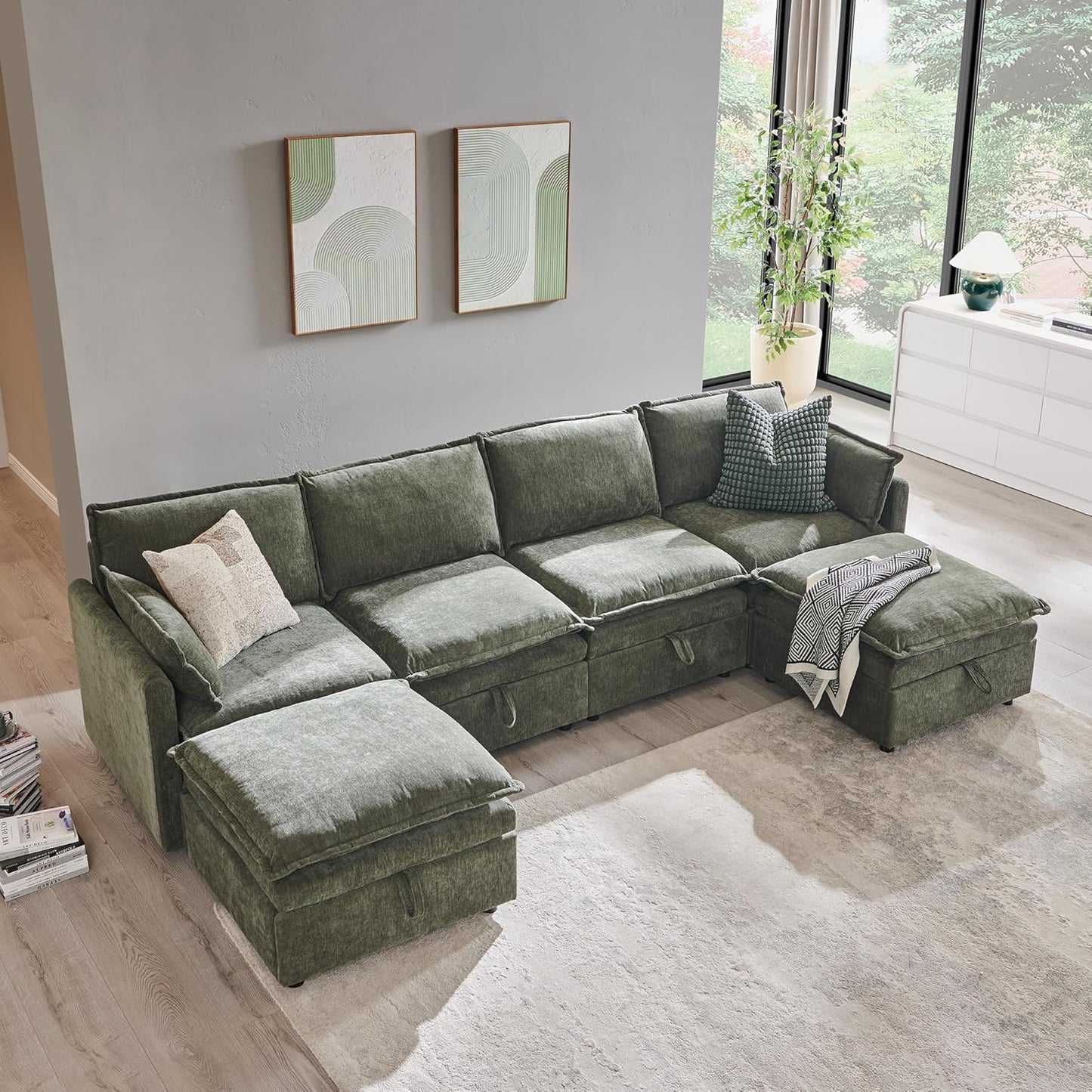 116.54" Sectional Couches for Living Room, Cloud Couch Sectional with Large Storage, U-Shape Modular Sectional Sofa with Ottoman,6 Seater Chenille Sofa with Pillow for Apartment, Bedroom, Green