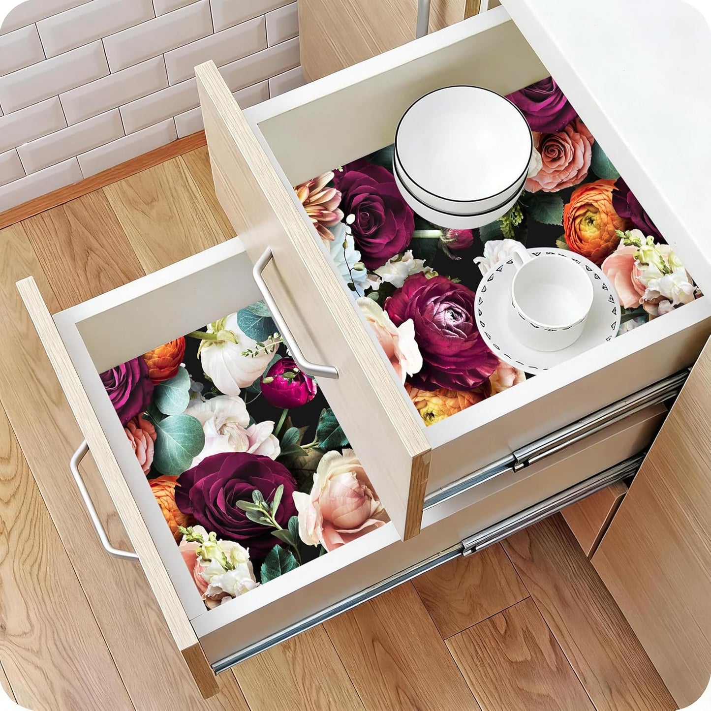 Floralplus Shelf and Cabinet Liner Self Adhesive Drawer Liner Waterproof Peel and Stick Contact Paper for Kitchen Vintage Floral Liners Wallpaper for Cupboard Dresser 17.7 x 78.7 in