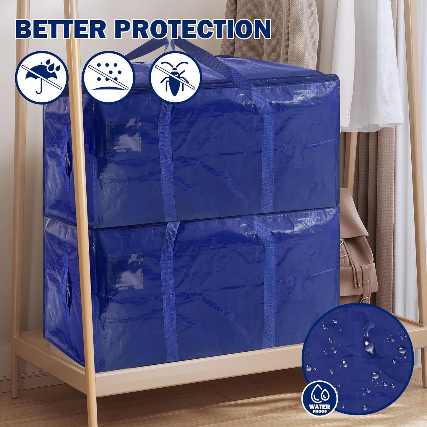 4 Pack Extra Heavy Duty Large Moving Bags with Strong Zipper & Carrying Handles, Sturdy Clothes Storage Bag Totes Bins, Packing Bags Moving Boxes College Moving Supplies, Dark Blue - 40 gal