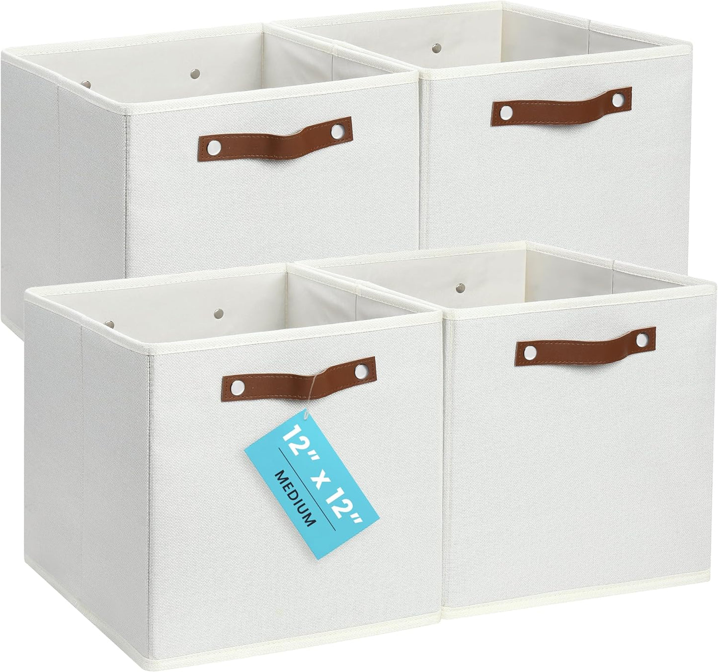 OrganiHaus White 12" x 12" x 12" Fabric Cube Storage Bins - Set of 4, Cube Fabric Organizer Bins with Vegan Handles, Kallax Storage Cubes, Cubbies Organizer Boxes, 12Inch Cubic Baskets for Shelves