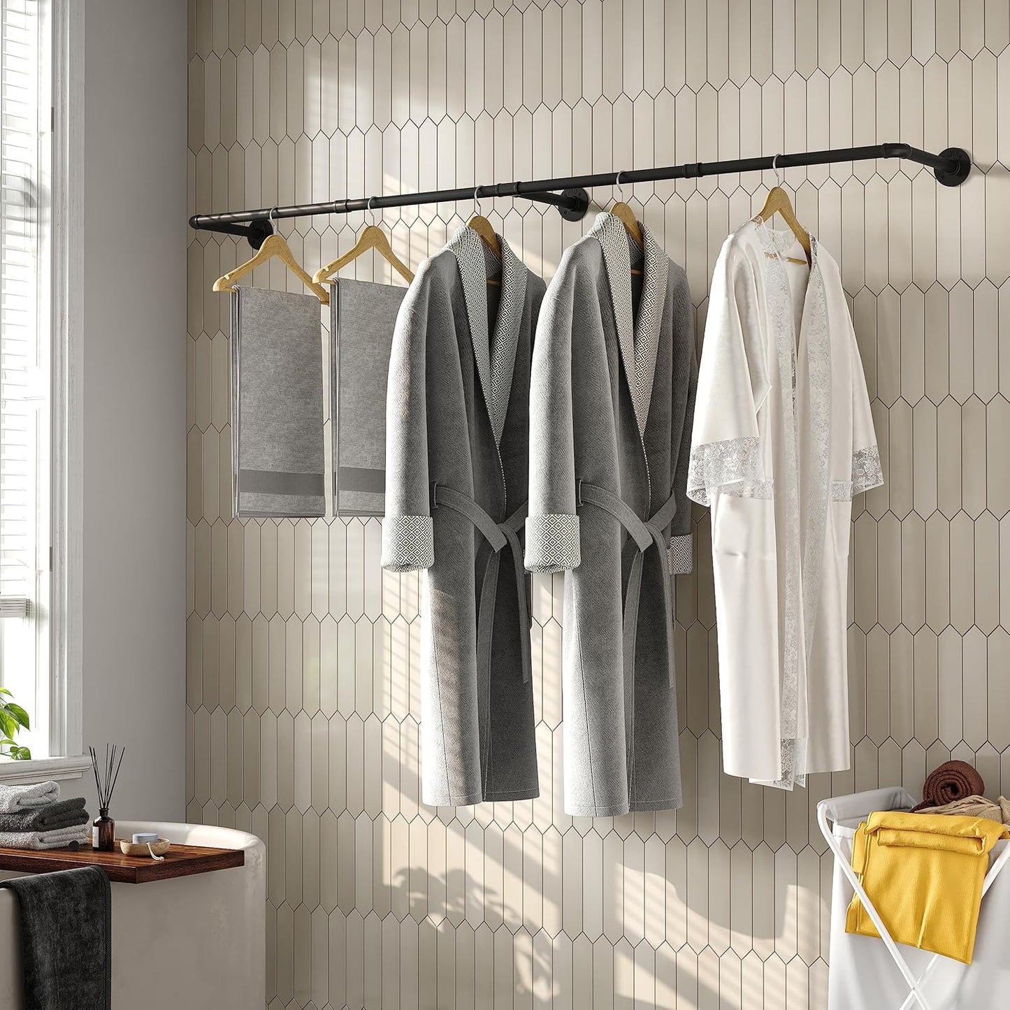 Industrial Pipe Clothes Rack with 3 S-shaped Hooks, 72’'L Wall Mounted Garment Rack, Heavy Duty Iron Garment Bar, Clothes Hanging Rod Bar for Laundry Room, Max Load 135Lb Black (2 Package)
