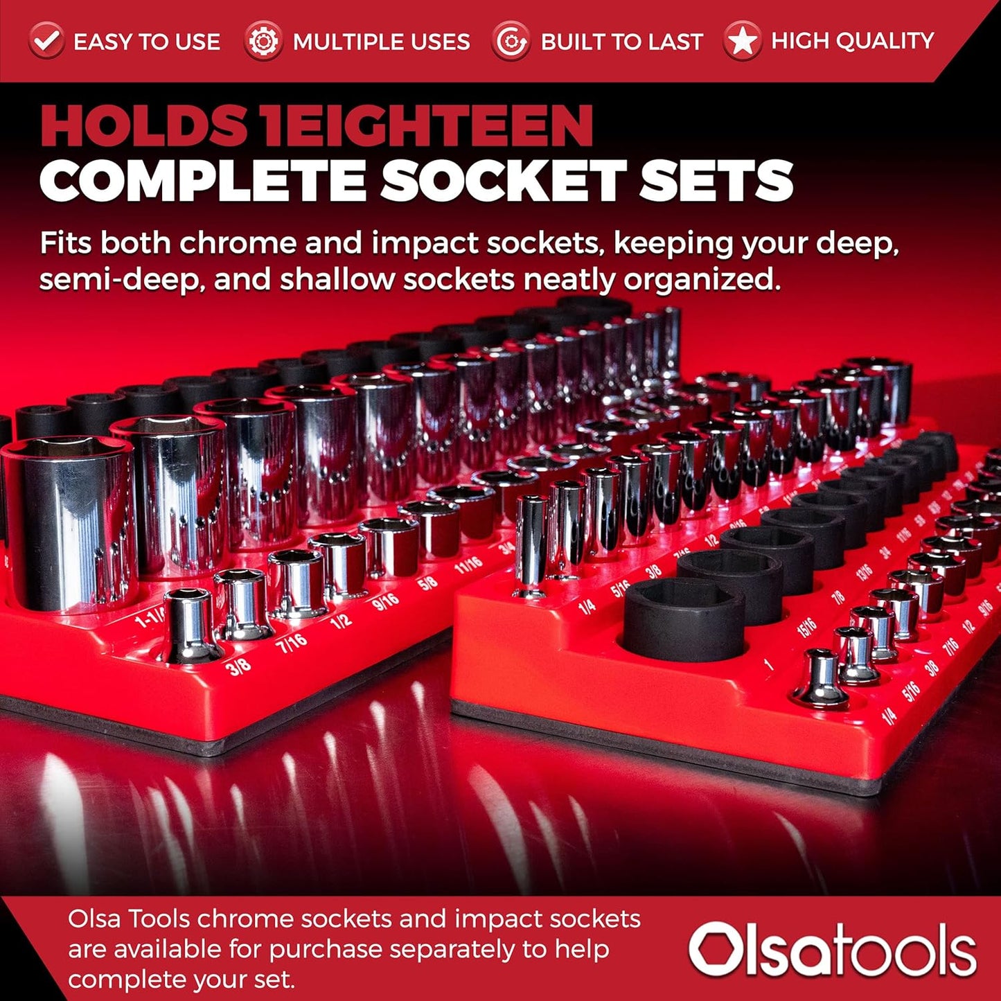 Olsa Tools Magnetic Socket Organizer | 6pc Socket Holder Kit | 1/2-Inch, 3/8-Inch, & 1/4-Inch Drive | Socket Organizers For Toolboxes | Red | Holds 273 | Professional-Grade Tool Organizer | Part 1667
