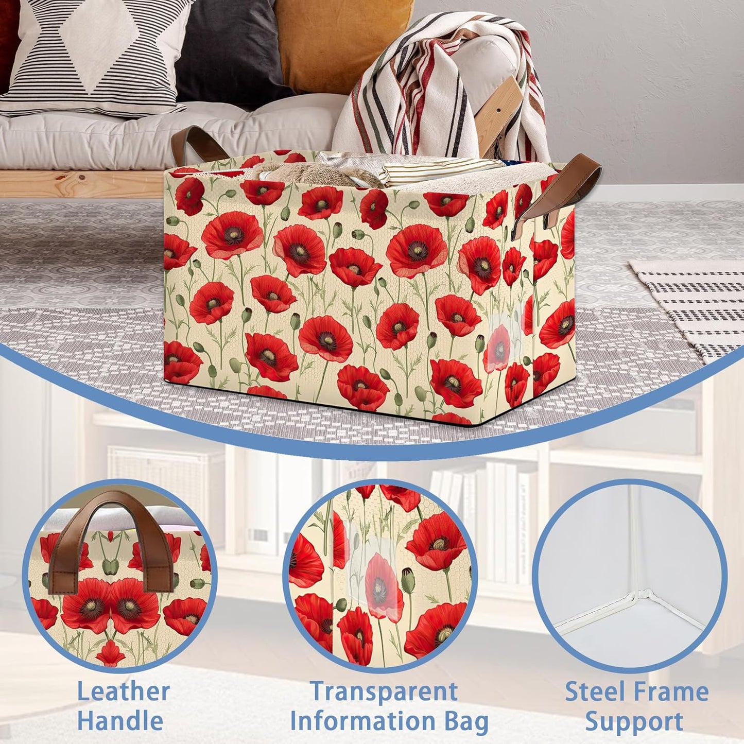 Vintage Poppy Flower Storage Baskets,Foldable Large Capacity Organizer Bins with Waterproof Lining and Leather Handles for Closet,Shelf,Bedroom 17x11.5x10Inch