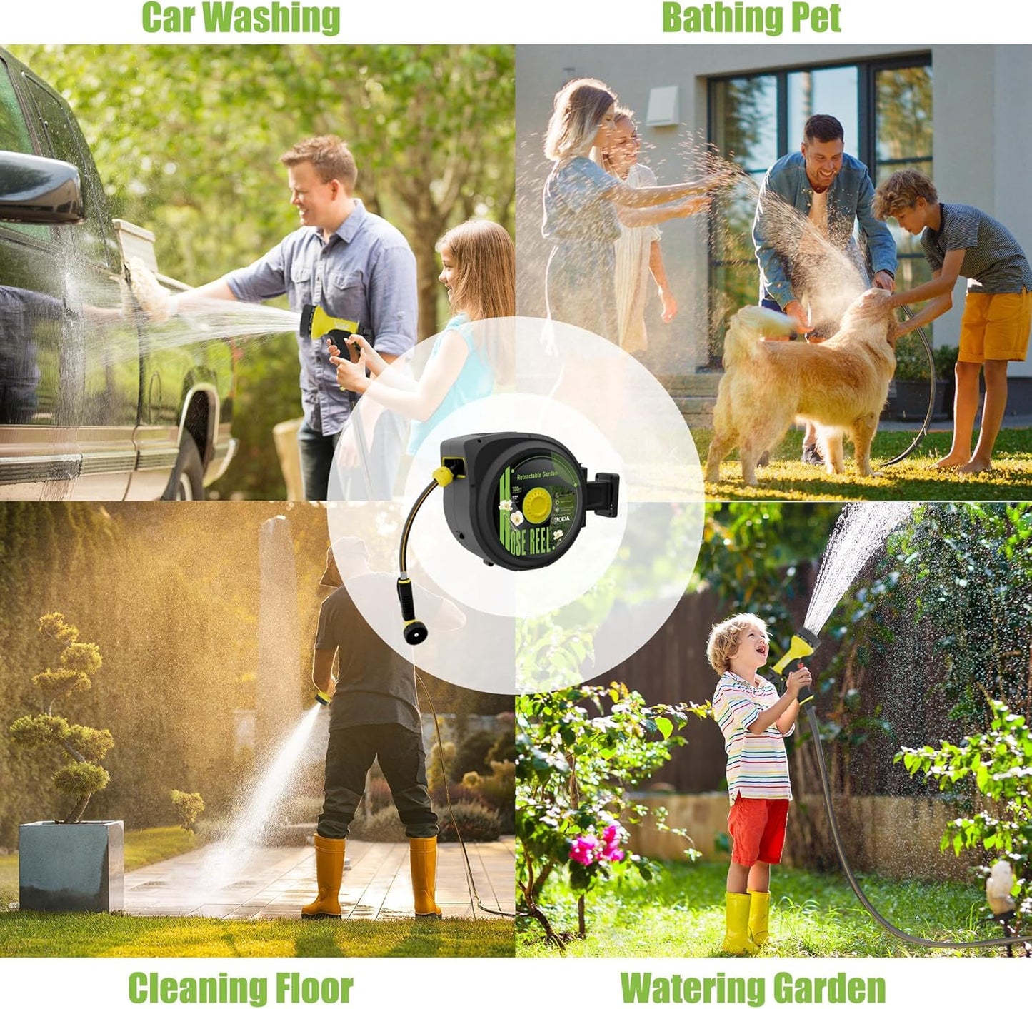 Hose Reel, Retractable Garden Hose Reel, 65 ft x 1/2 inch Garden Hose with Auto Return System, Retractable Water Hose with 180°Swivel Wall Mounted Bracket, 9 Pattern Sprayer Nozzle & Any Length Lock