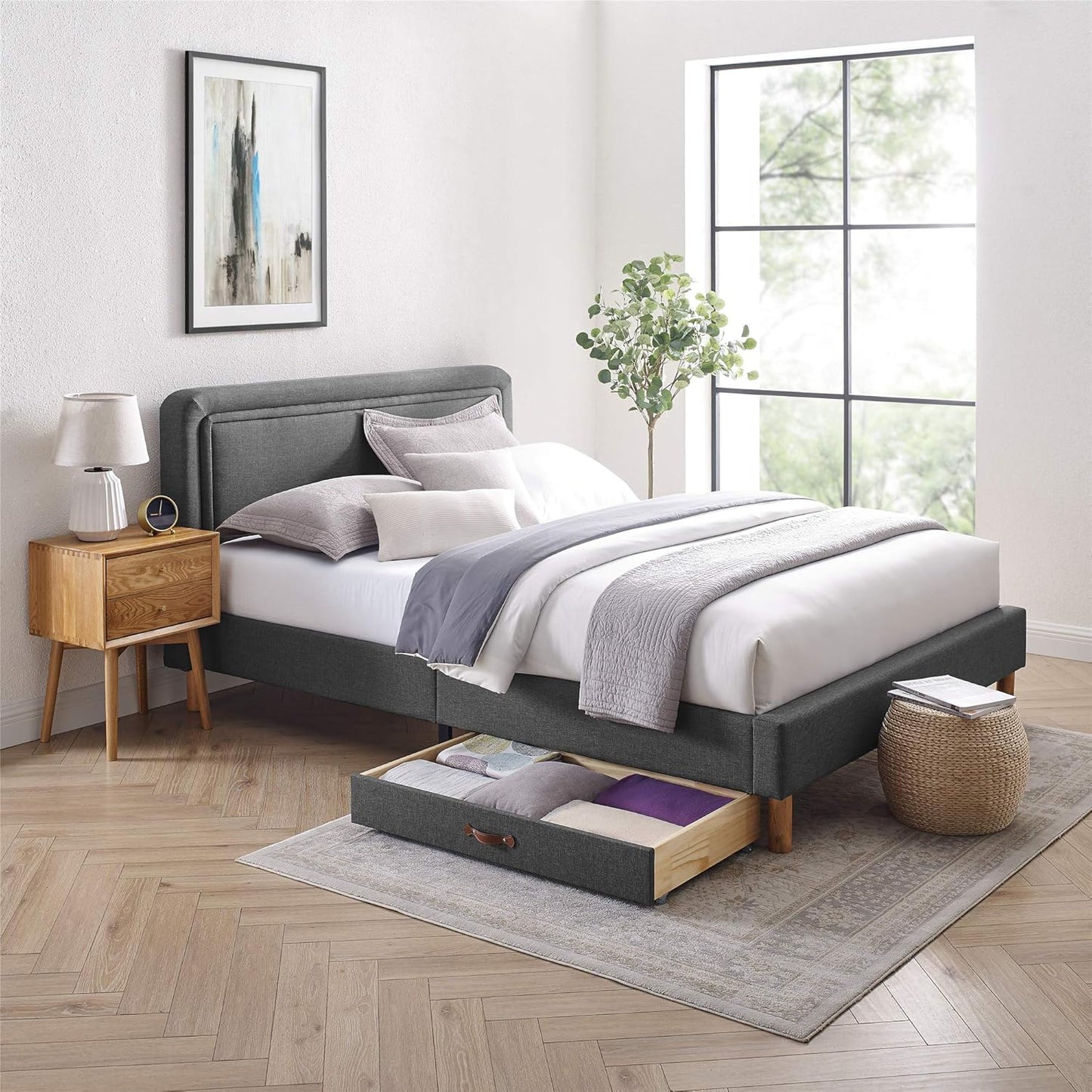 MUSEHOMEINC Upholstered Solid Wood Under Bed Storage Drawer with 4-Wheels for Bedroom/Leather Handle,Wooden Underbed Storage Organizer,Drawer Under Bed,Suggested for Twin and Full Size Platform Bed