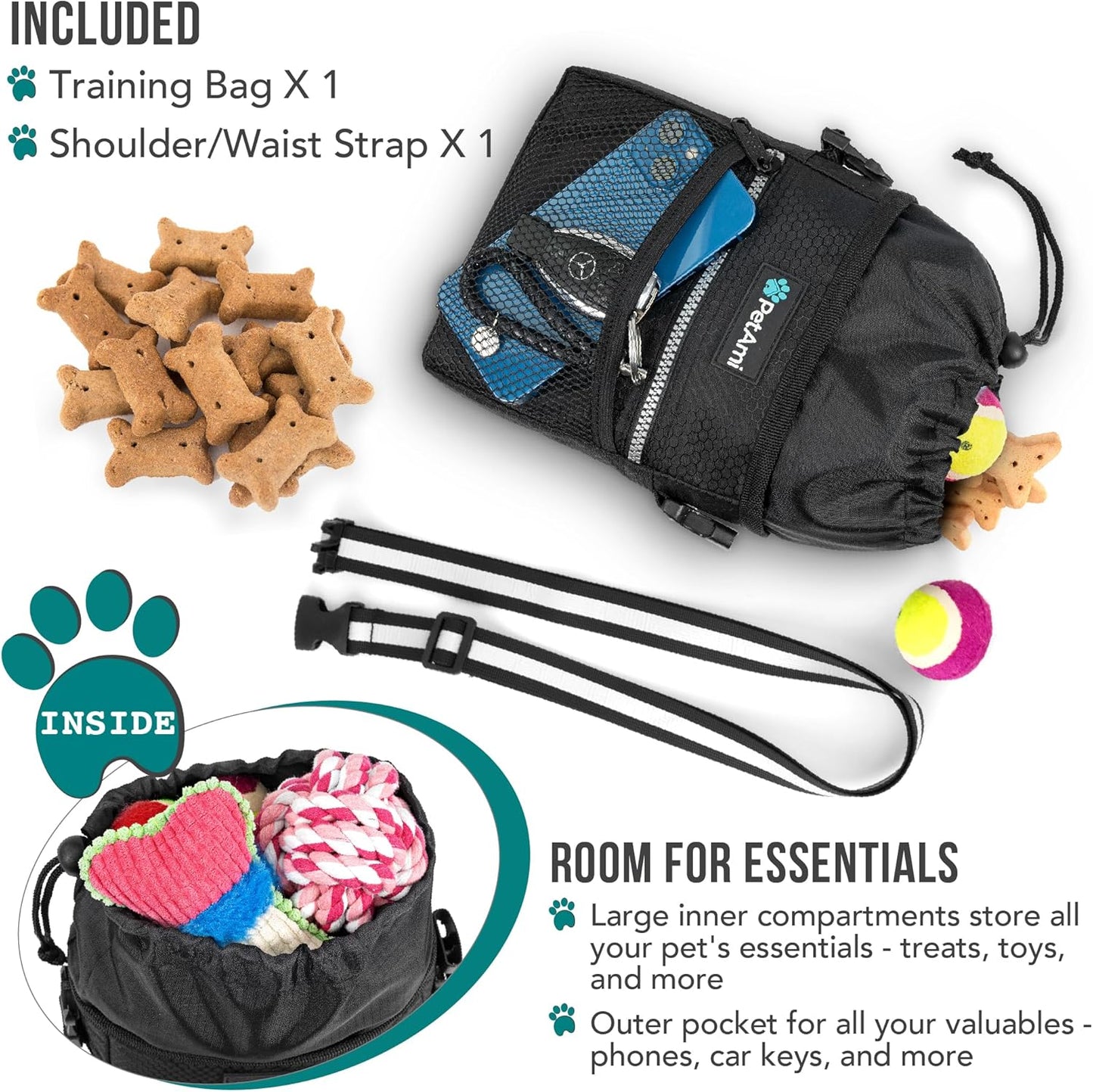 PetAmi Dog Treat Pouch, Pet Treat Pouch for Training, Dog Walking Bag Holder for Kibbles, Pet Food Toy, Dog Trainer Essentials Supplies, Poop Bag Dispenser, 3 Ways to Wear (Black)