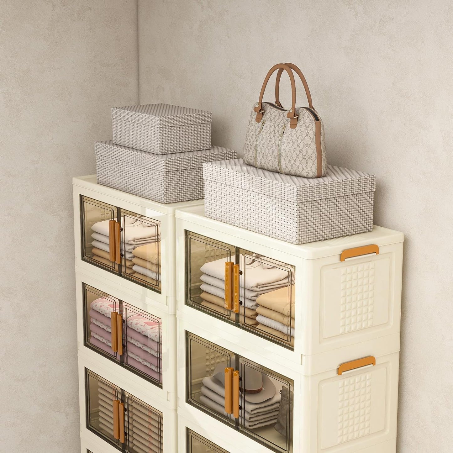 Plastic Stackable Storage Bins with 2 Lids and Wheels, Foldable Closet Organizers and Storage Containers, Collapsible Clear Drawer Storage Cabinet with Doors Ivory White 273.6 QT