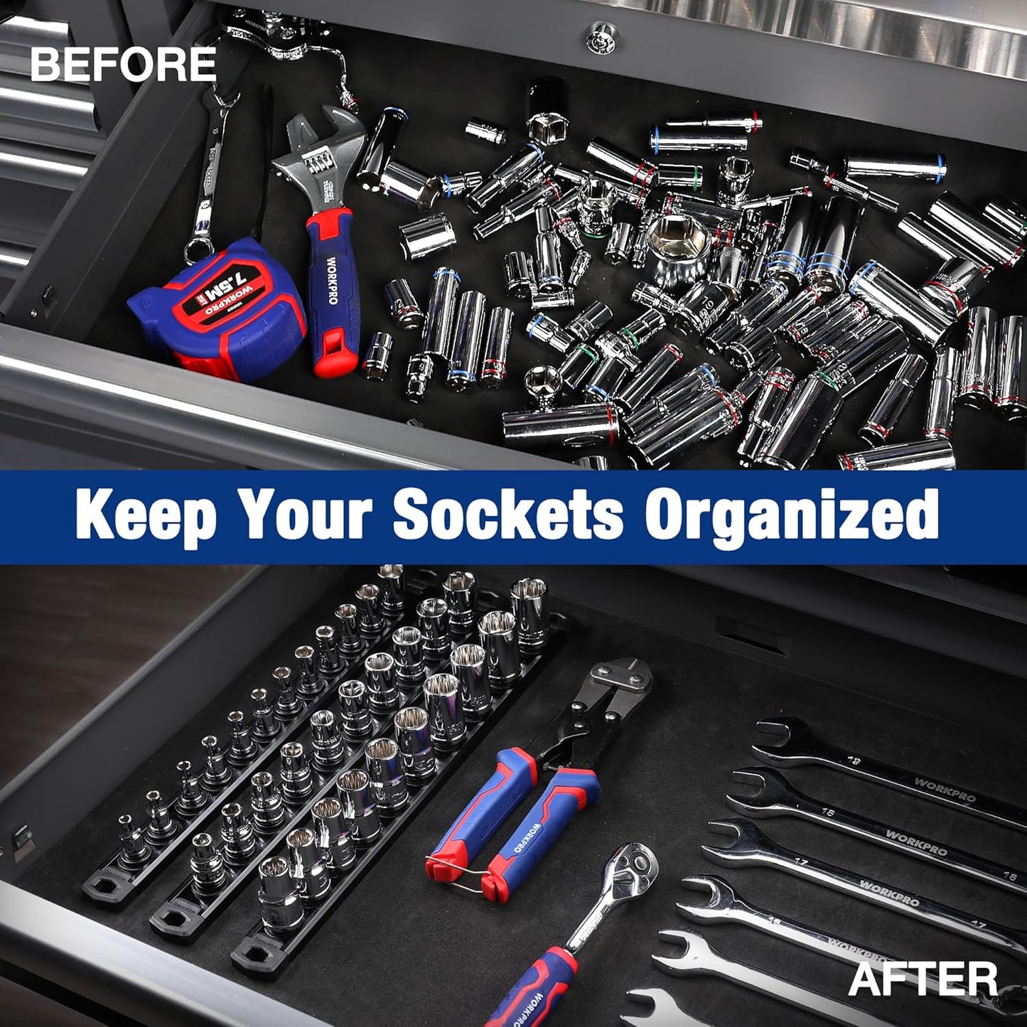 WORKPRO Magnetic Socket Organizer, 1/2-Inch Drive Aluminum Alloy Socket Rail, Heavy Duty Socket Holder, Socket Rack Kit 1/2-Inch x 10 Clips Black (Socket not Included)