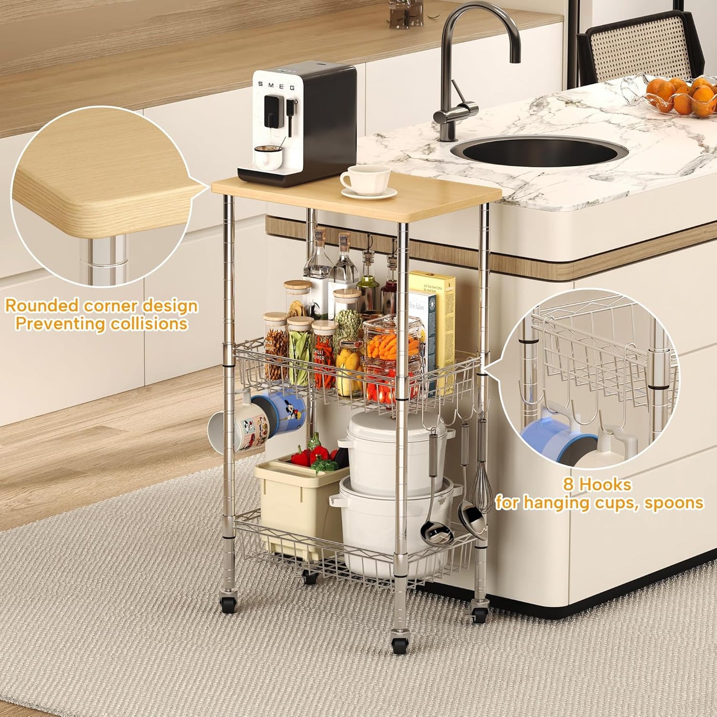 Homeiju Rolling Kitchen Storage Cart, 3-Tier Storage Rack on Caster Wheels with Adjustable 2 Baskets, Coffee Station Cart Rack Shelf Organizer for Living Room Office, Balcony, Chrome/Silver