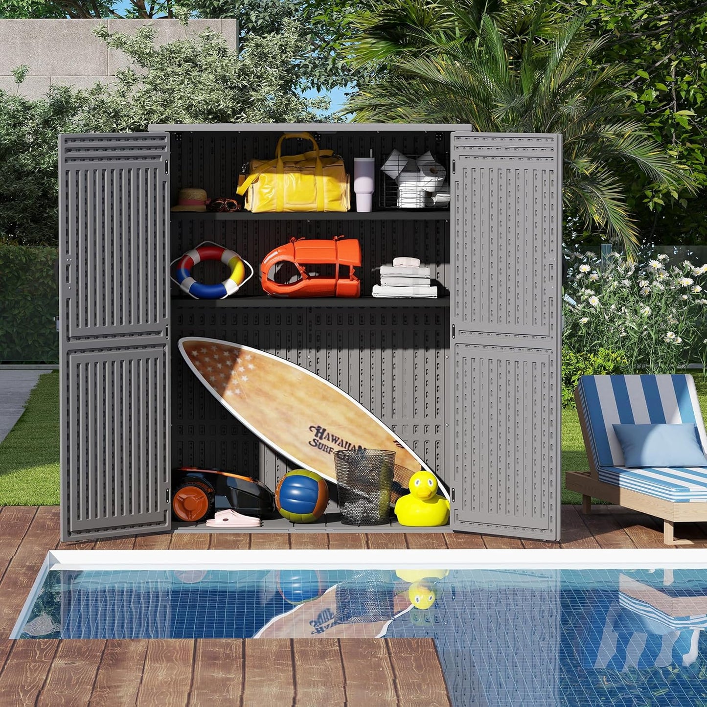 EHHLY Vertical Resin Storage Shed, 60 Cuft Garden Tool Sheds & Outdoor Storage, Plastic Outdoor Storage Cabinet Waterproof, 4.5 x 2.3 ft Backyard Outside Lawn Mower Storage Shed, Grey