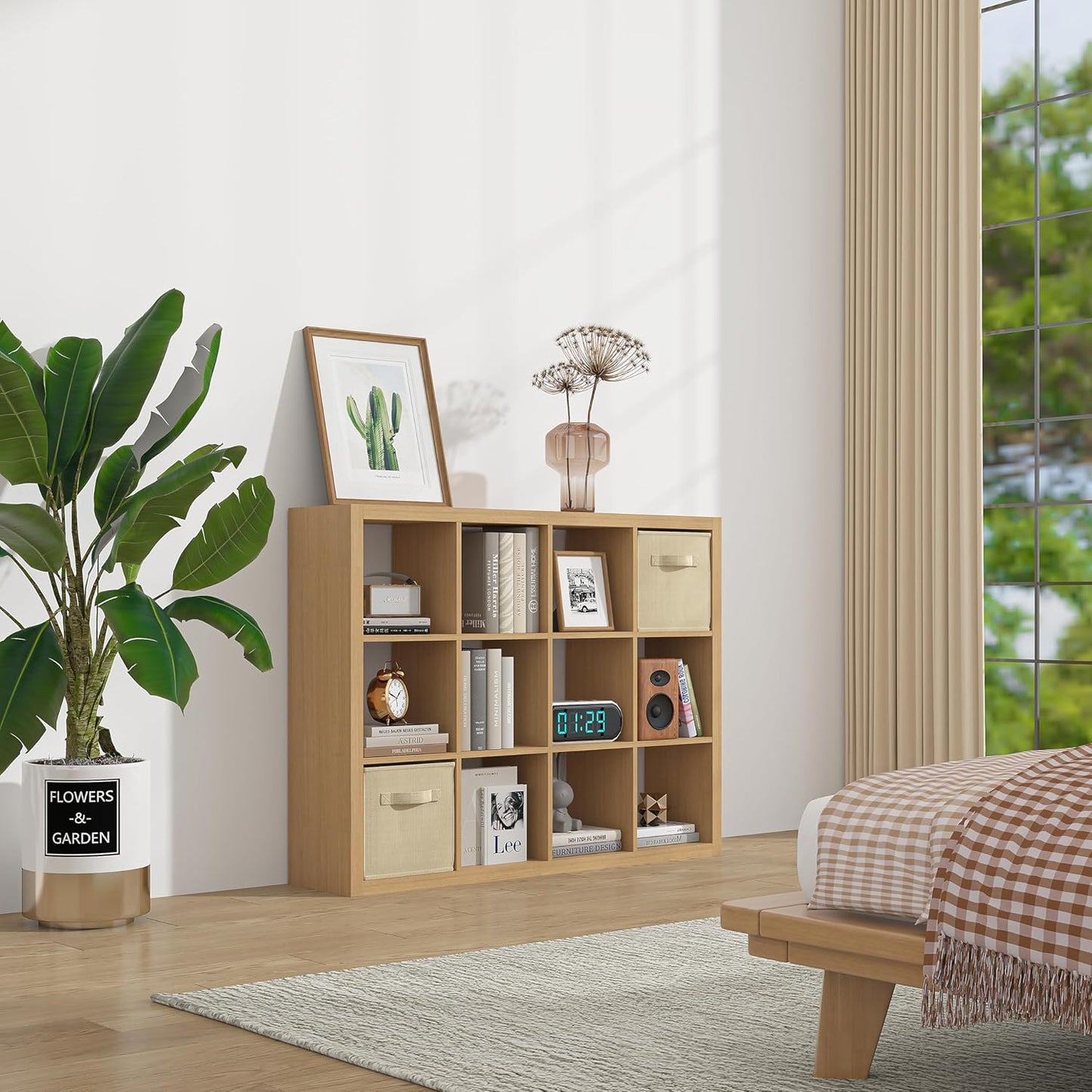 Bookshelf with Storage Bins, 9-Cube Storage Organizer Sturdy Wooden Bookcase Open Book Shelf, Multifunctional Cubicle Rack for Storage & Display, Furniture for Living Room Bedroom Office, Oak