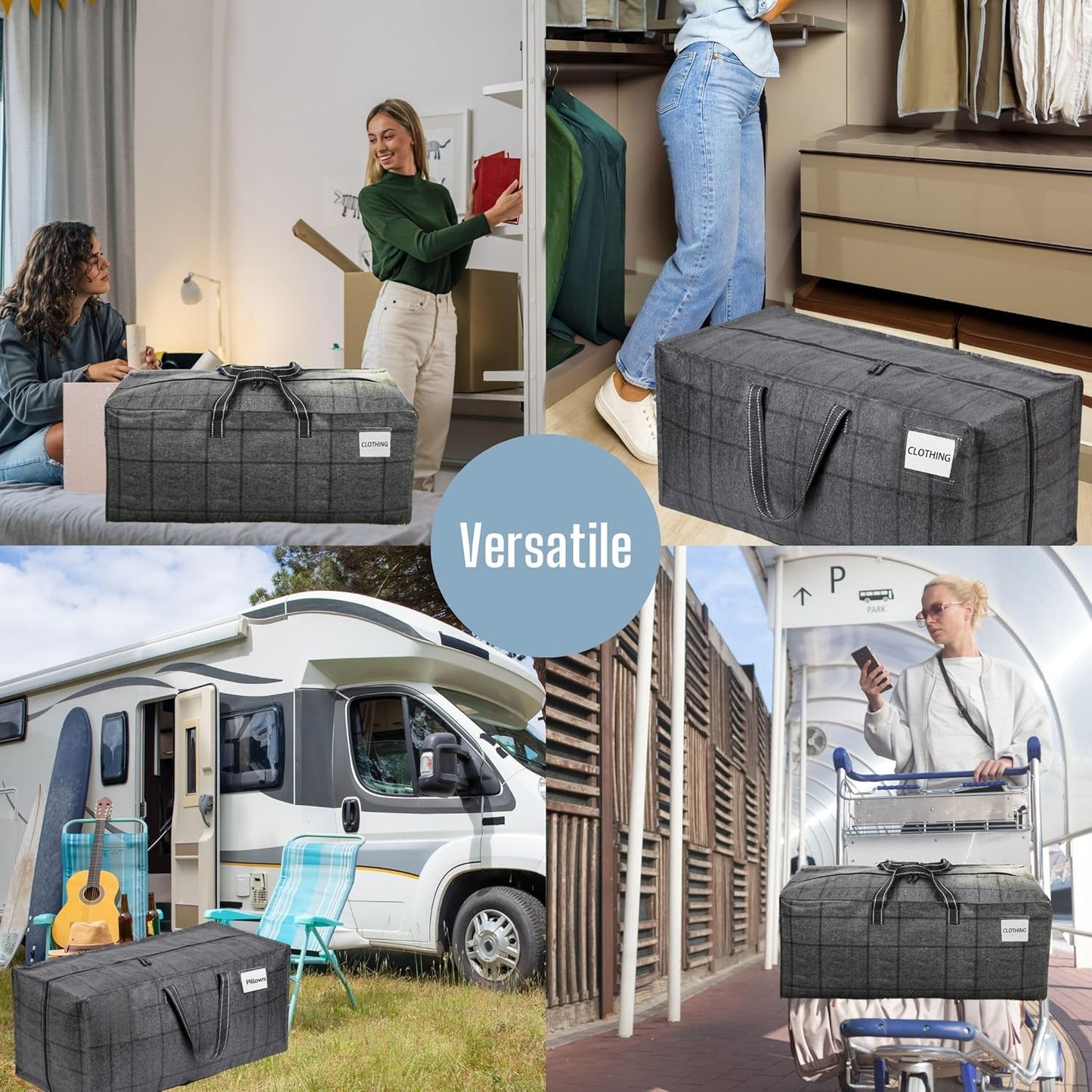 VENO 2 Pack Moving Bags w/Backpack Straps, Heavy Duty, Moving Boxes Alternative, Packing Supplies, Large Storage Totes for Dorm Room Essentials with Zipper for Clothes (Windowpane, 2 Pack)