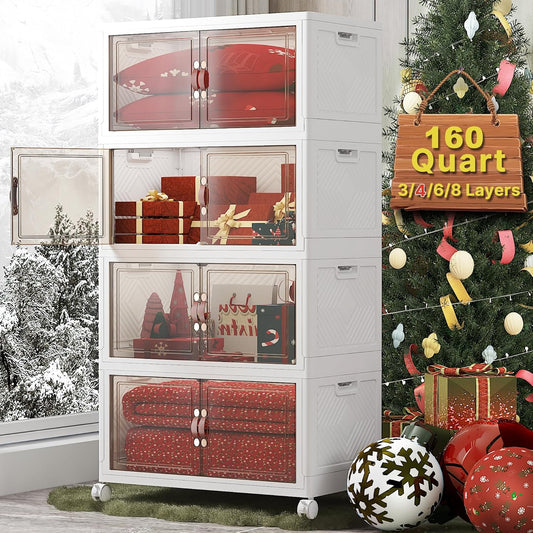 Extra Large Stackable Storage Bins with Lids & Wheels & Door, 660QT-165QT/41GAL*4Pack Foldable Collapsible Closet Organizers, Plastic Containers Drawers for Bedroom Dorm Garage Christmas gift