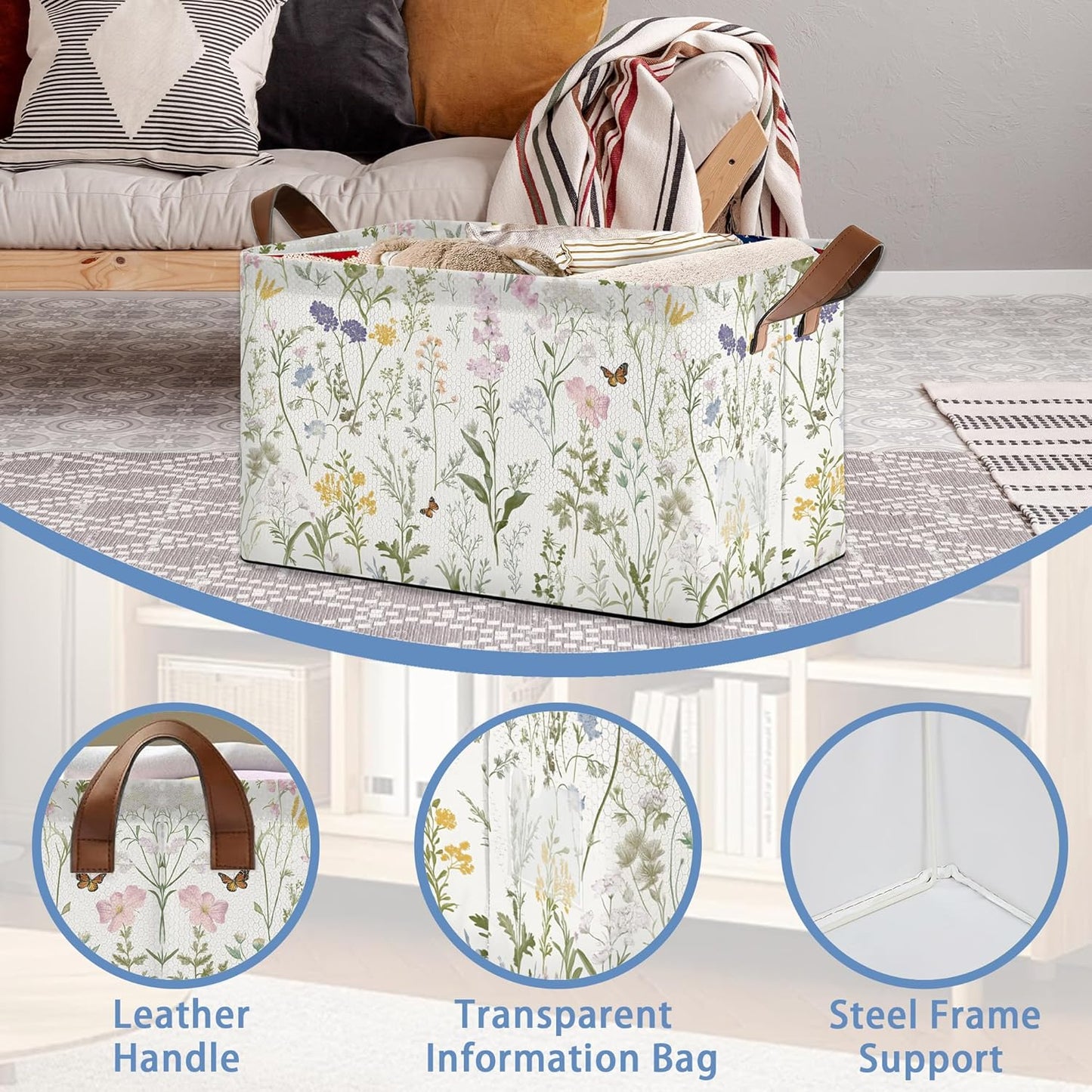Wildflowers Butterfly Storage Baskets,Plants Botanical Foldable Large Capacity Organizer Bins with Waterproof Lining and Leather Handles for Closet,Shelf,Bedroom 17x11.5x10Inch