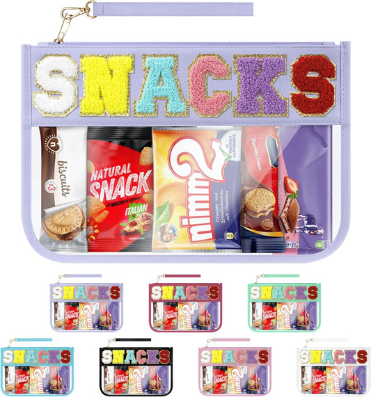 Snack Bag for Travel & Makeup - Clear Chenille Letter Zipper Pouch, Waterproof Cosmetic Tote Bag for Women & Girls (Purple)
